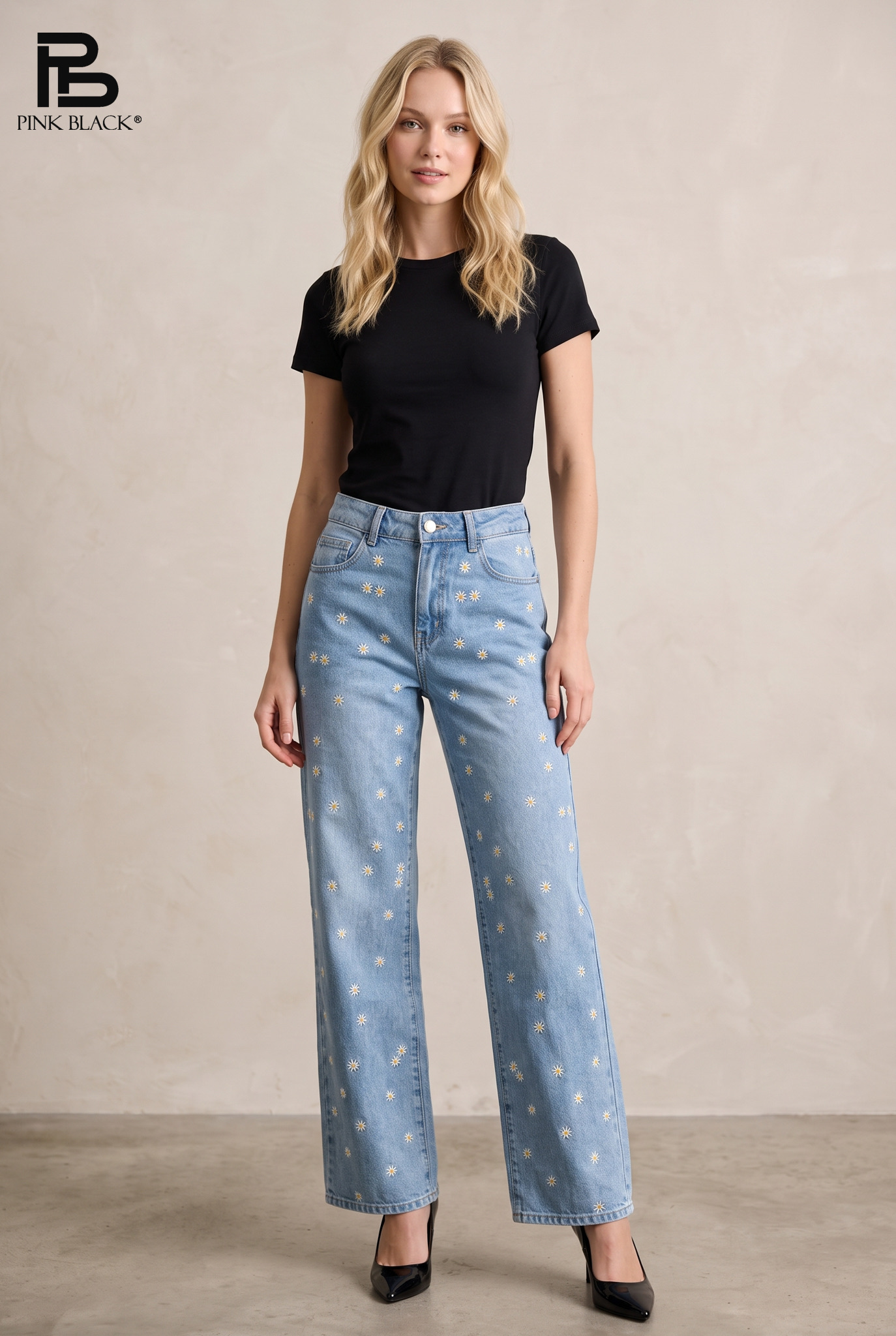 Wide‑Leg‑Jeans mit kleinem Gänseblümchen‑Muster