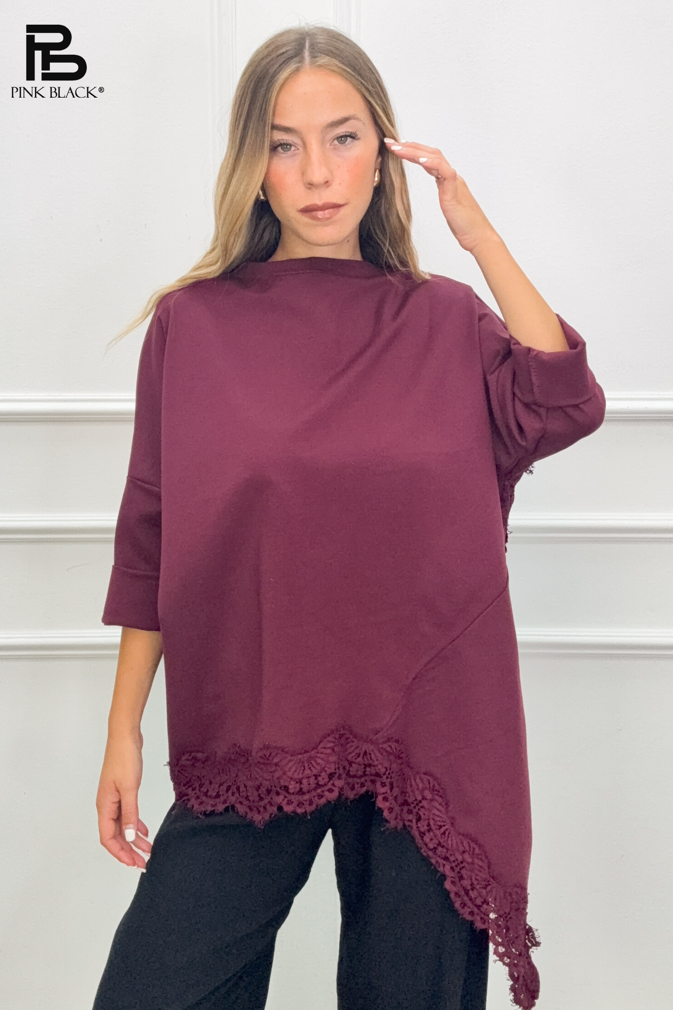 Oversized Bluse mit Spitzenbesatz