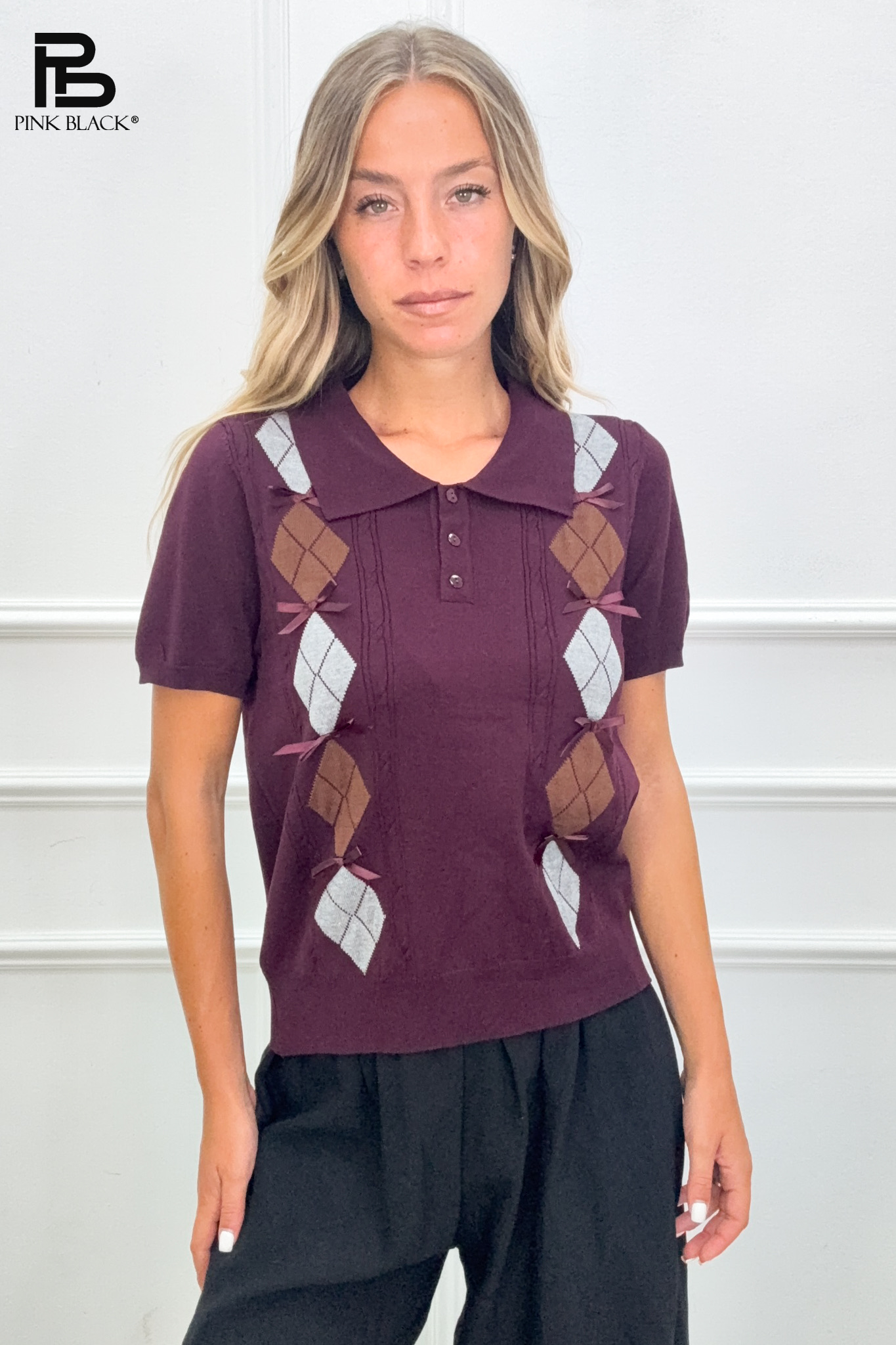 Kurz geschnittener Polo‑Pullover mit Argyle