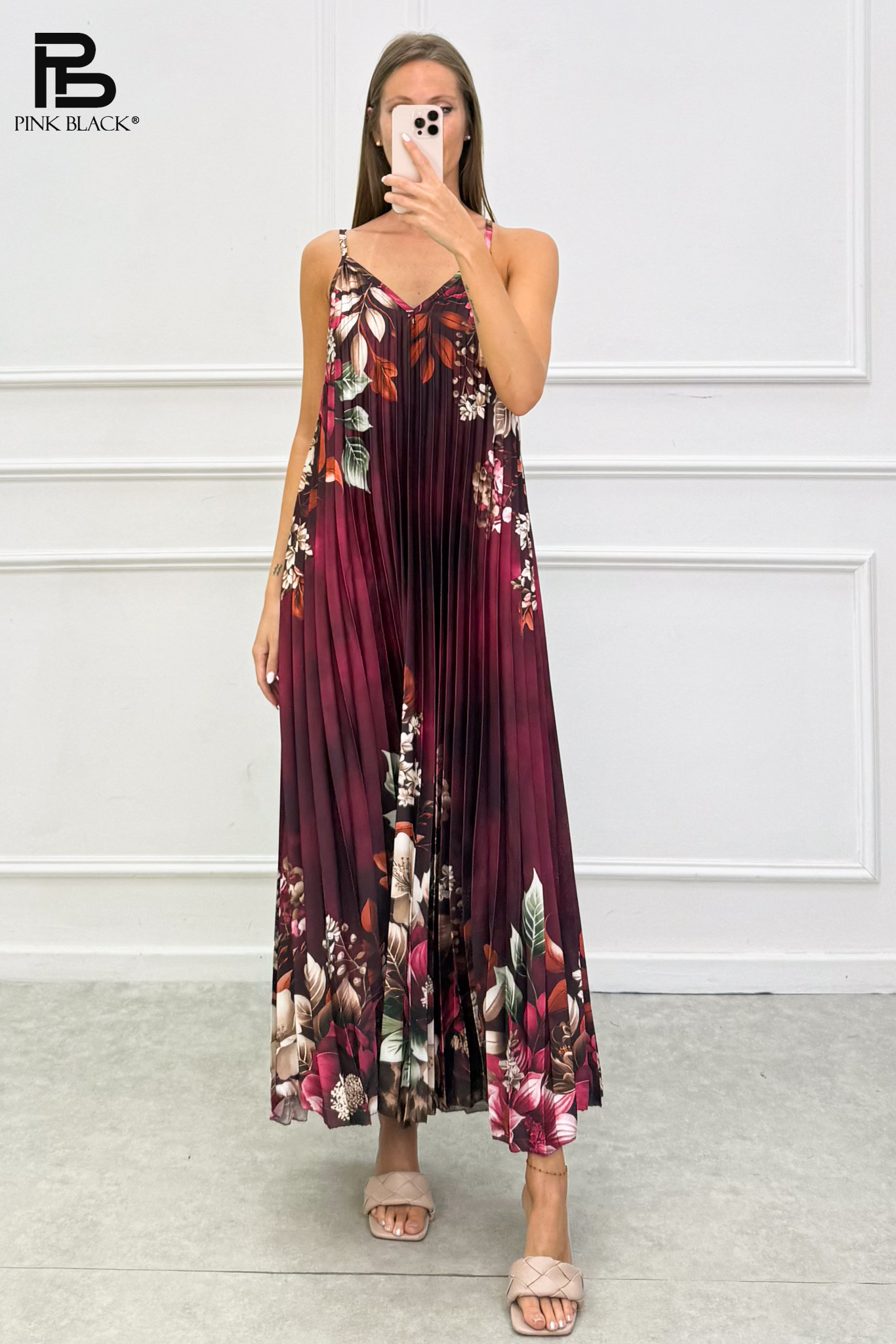 Plissiertes A‑Linien Maxi‑Kleid