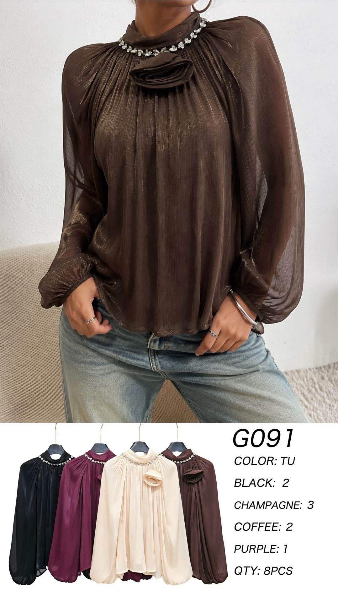 Locker geschnittene Bluse mit Stehkragen und Plissee