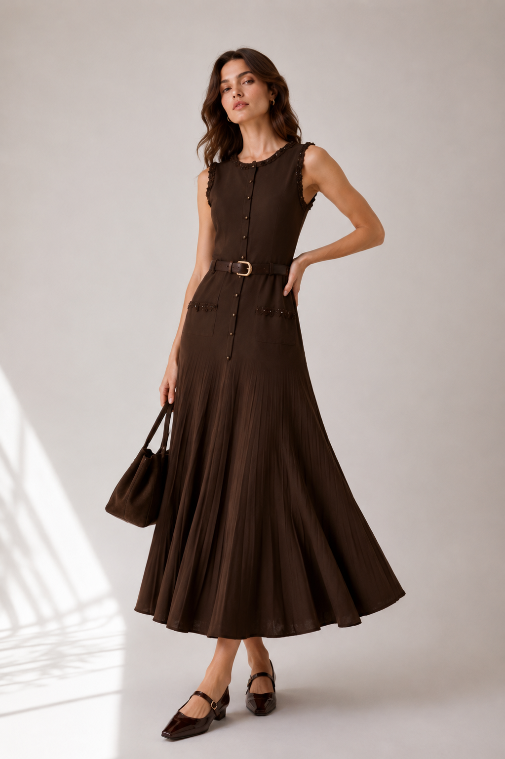 Midikleid in A-Linie mit Gürtel