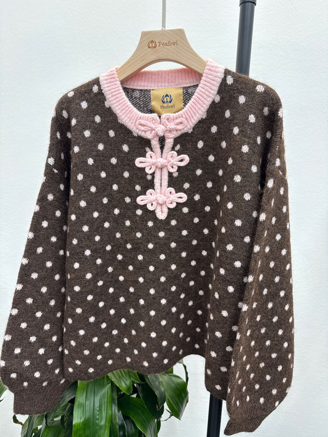 Pullover mit Mikro‑Pünktchen und Ballonärmeln