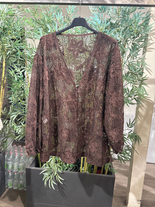 Cardigan mit V‑Ausschnitt und Spitzenbesatz