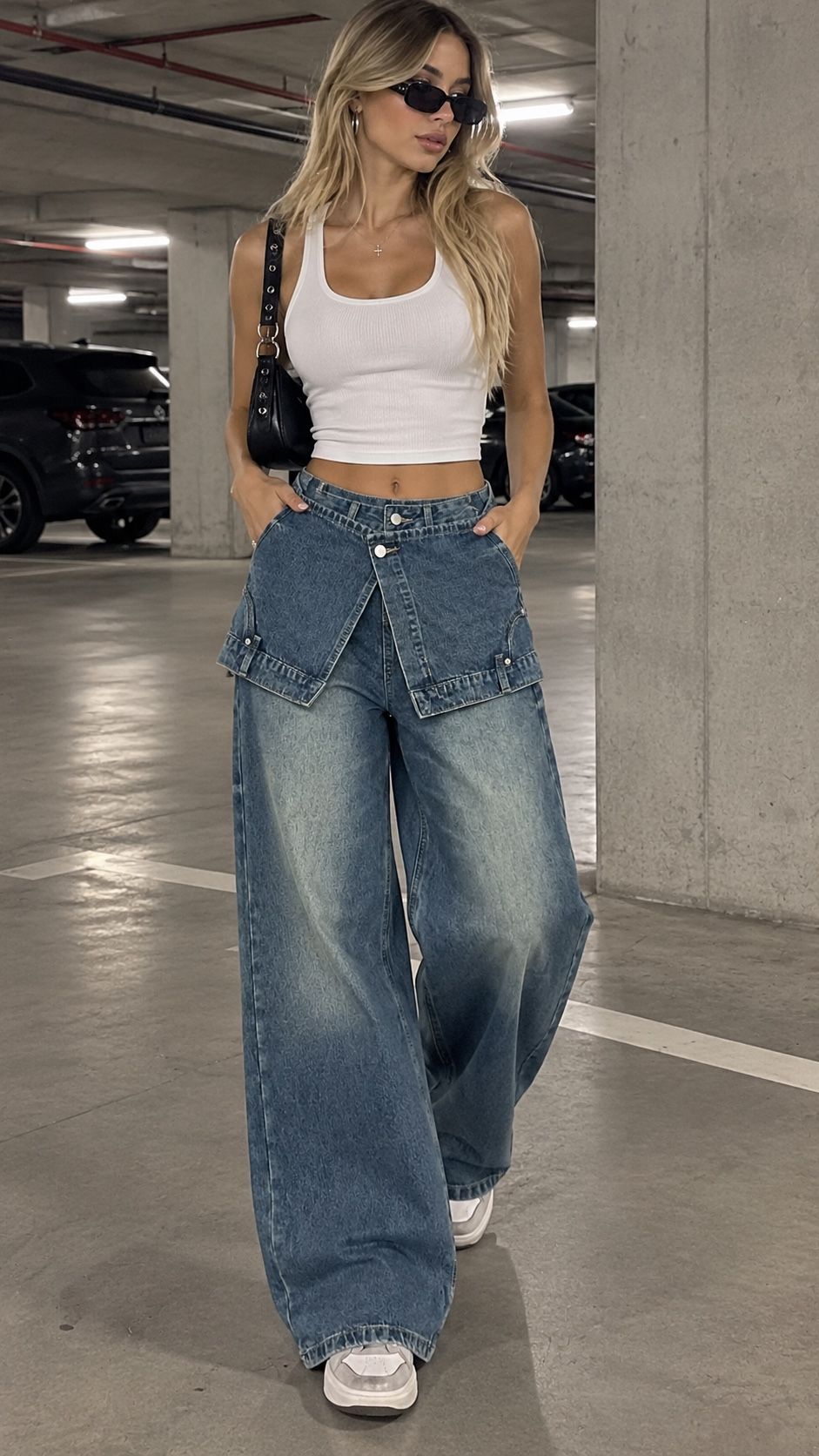 Wide‑Leg Jeans mit Zierklappe in der Taille