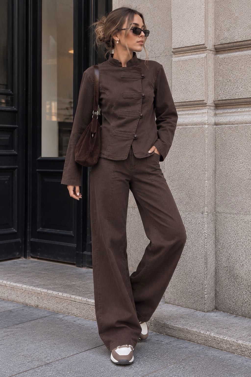 Set: Kurzjacke und Wide-Leg-Hose mit Jeansstruktur