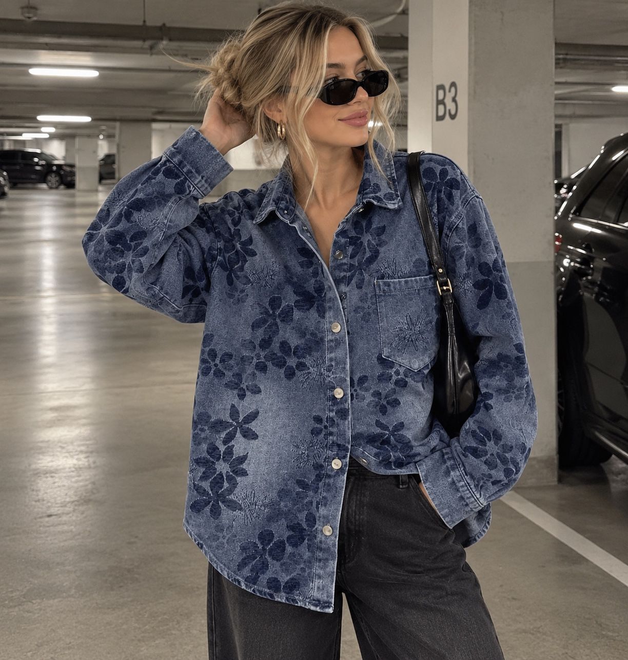 Oversize Denim-Bluse mit Blumenprint