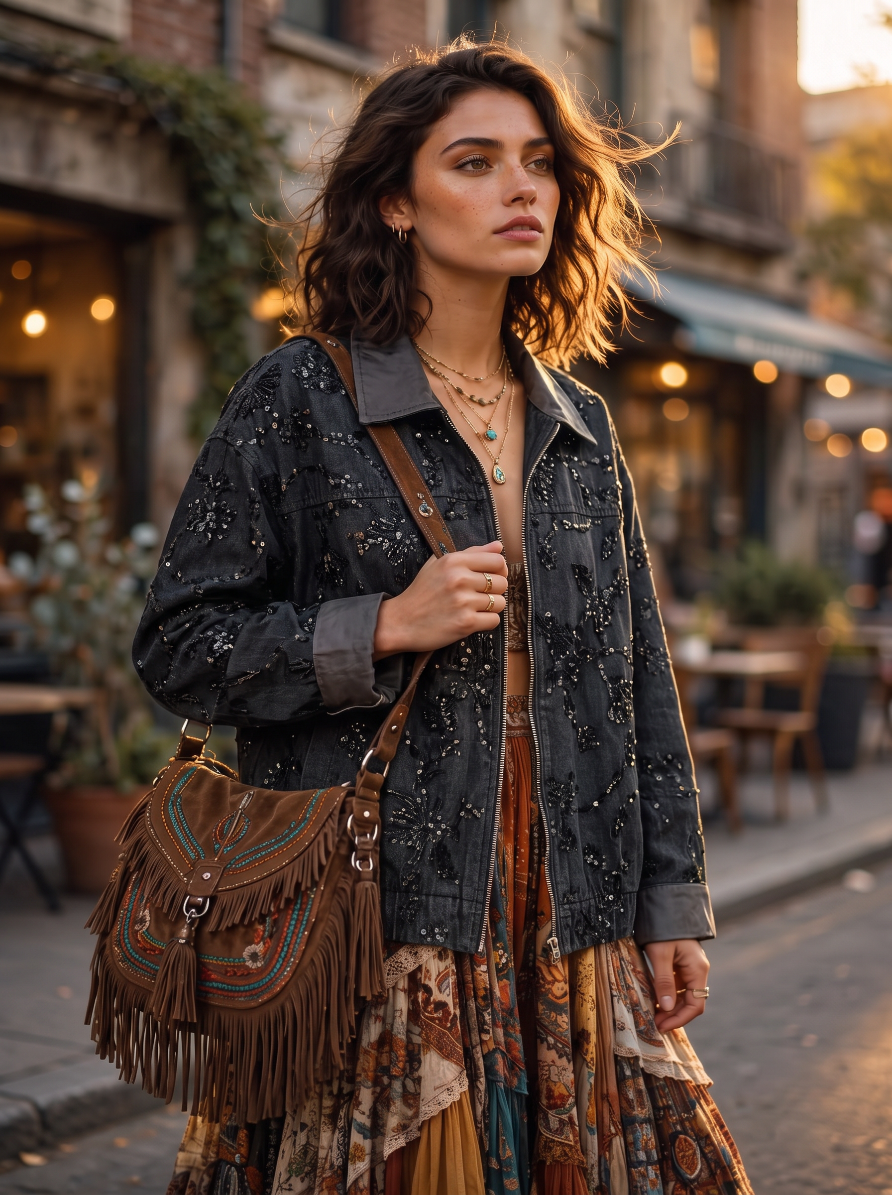 Jeansjacke mit Blumenmuster und Hemdkragen