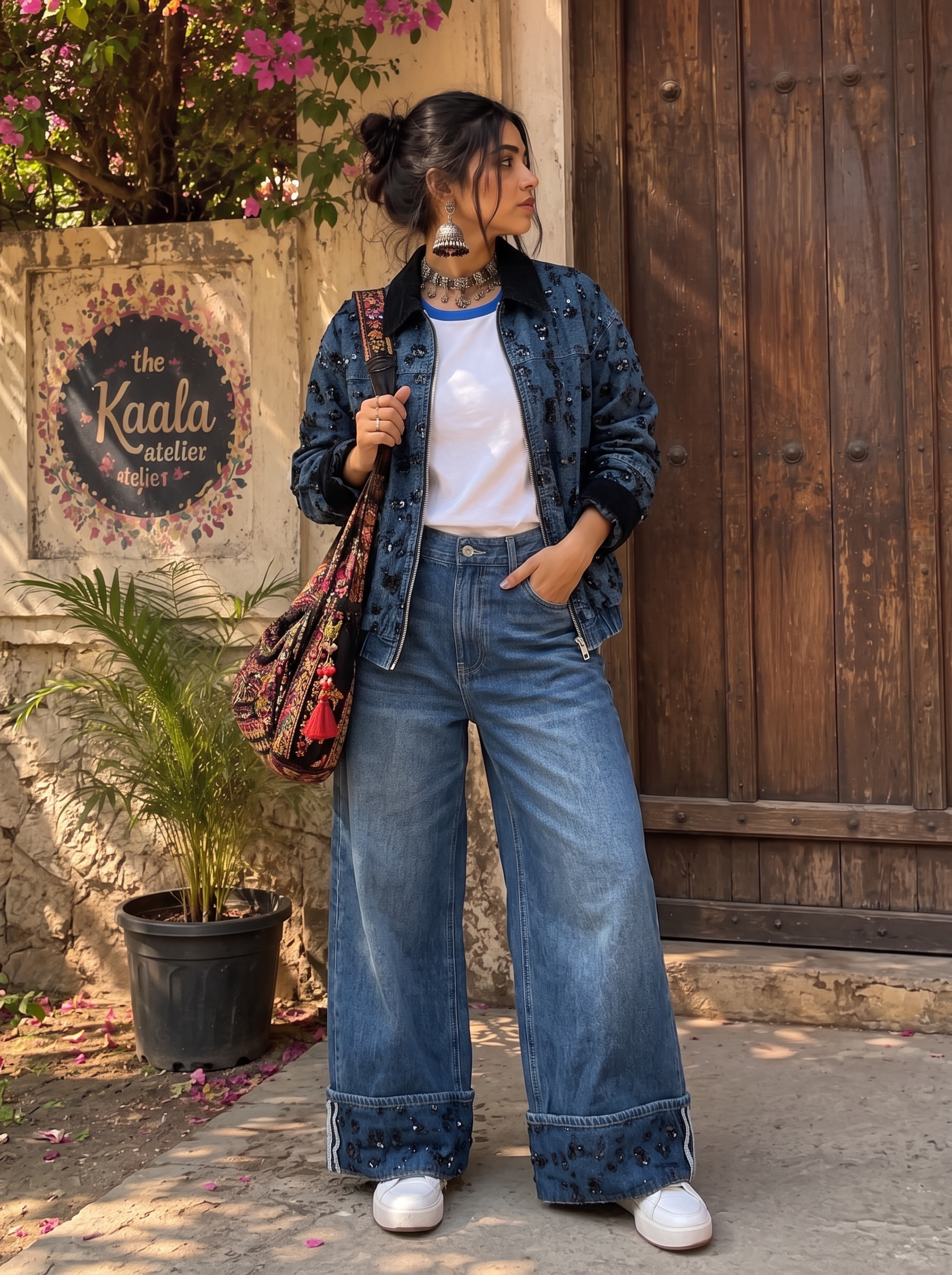 Wide-Leg-Jeans mit Pailletten