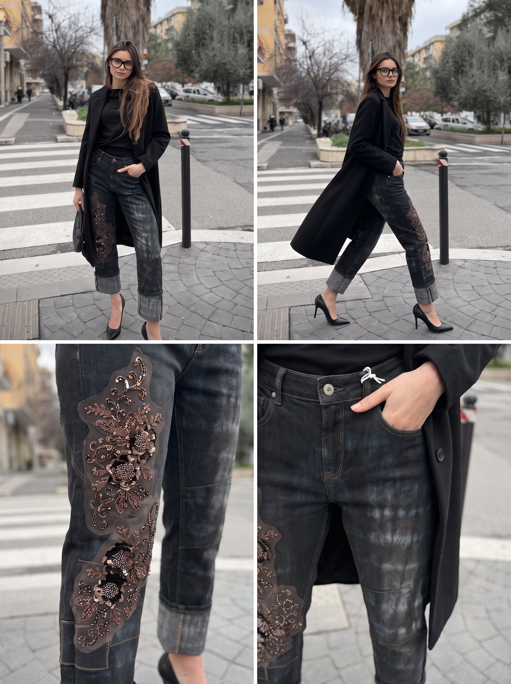 Gerade Jeans mit bestickter Verzierung