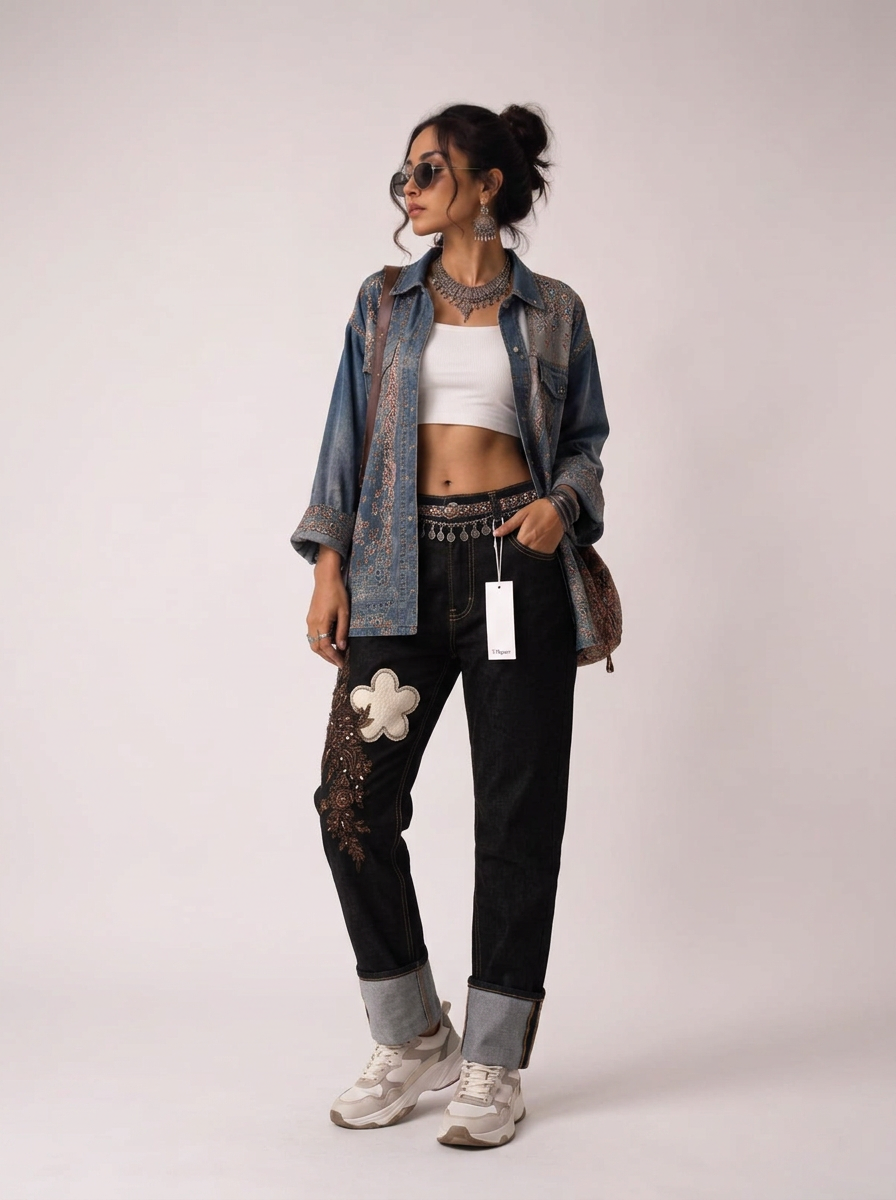 Gerade Jeans mit Stickerei