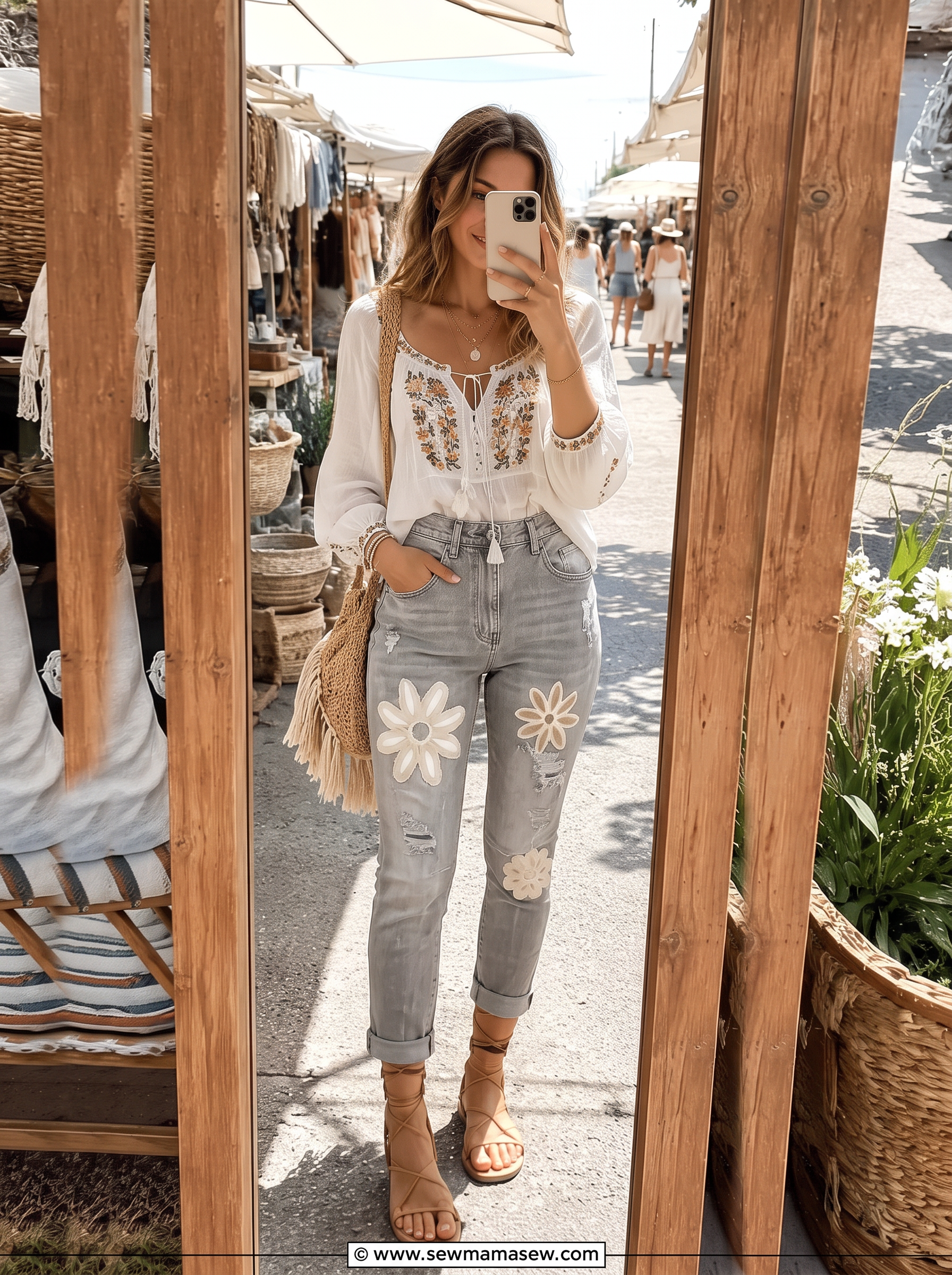 Gerade 7/8-Jeans mit Stickerei