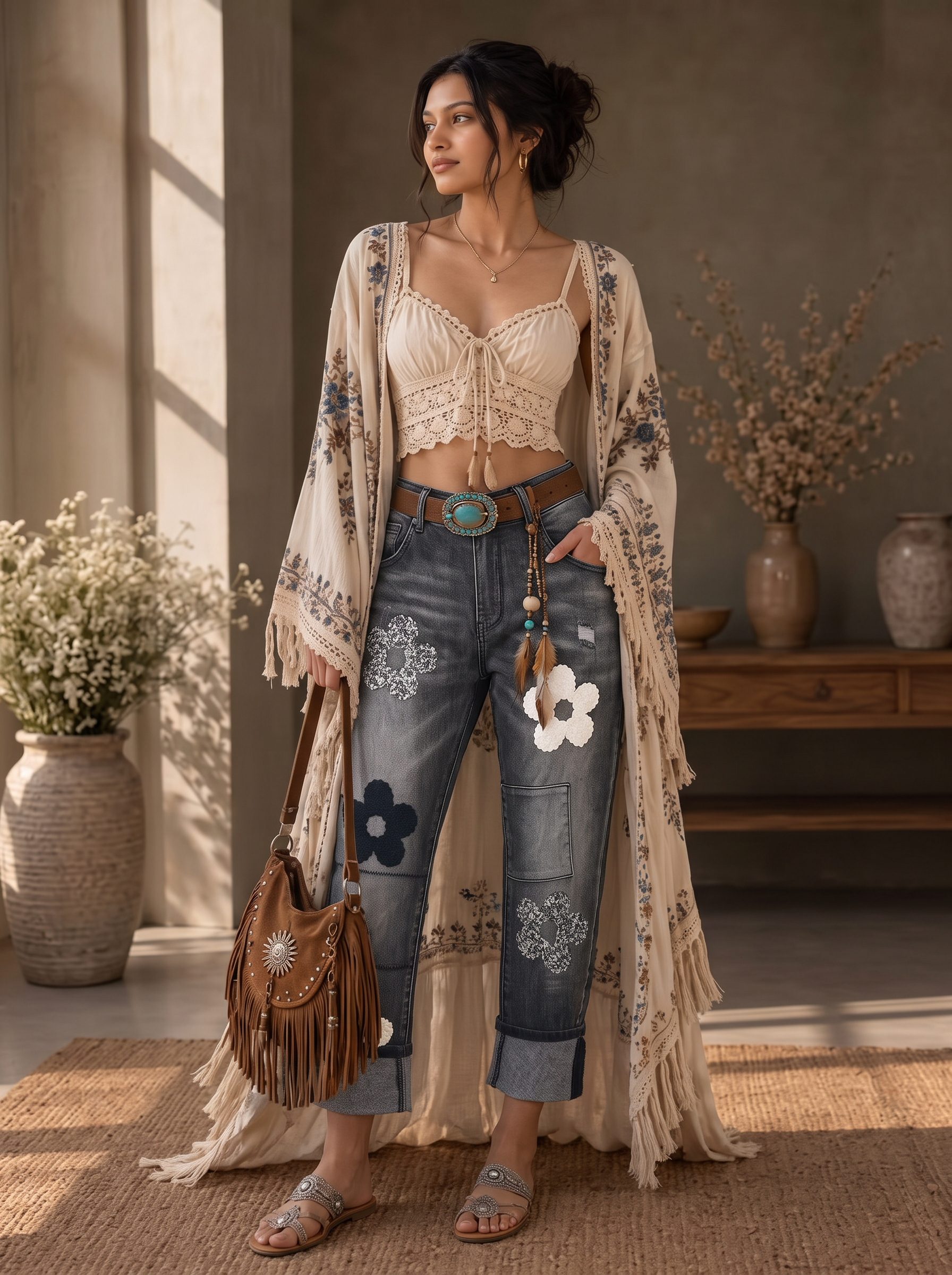 Gerade Jeans mit Blumenapplikationen