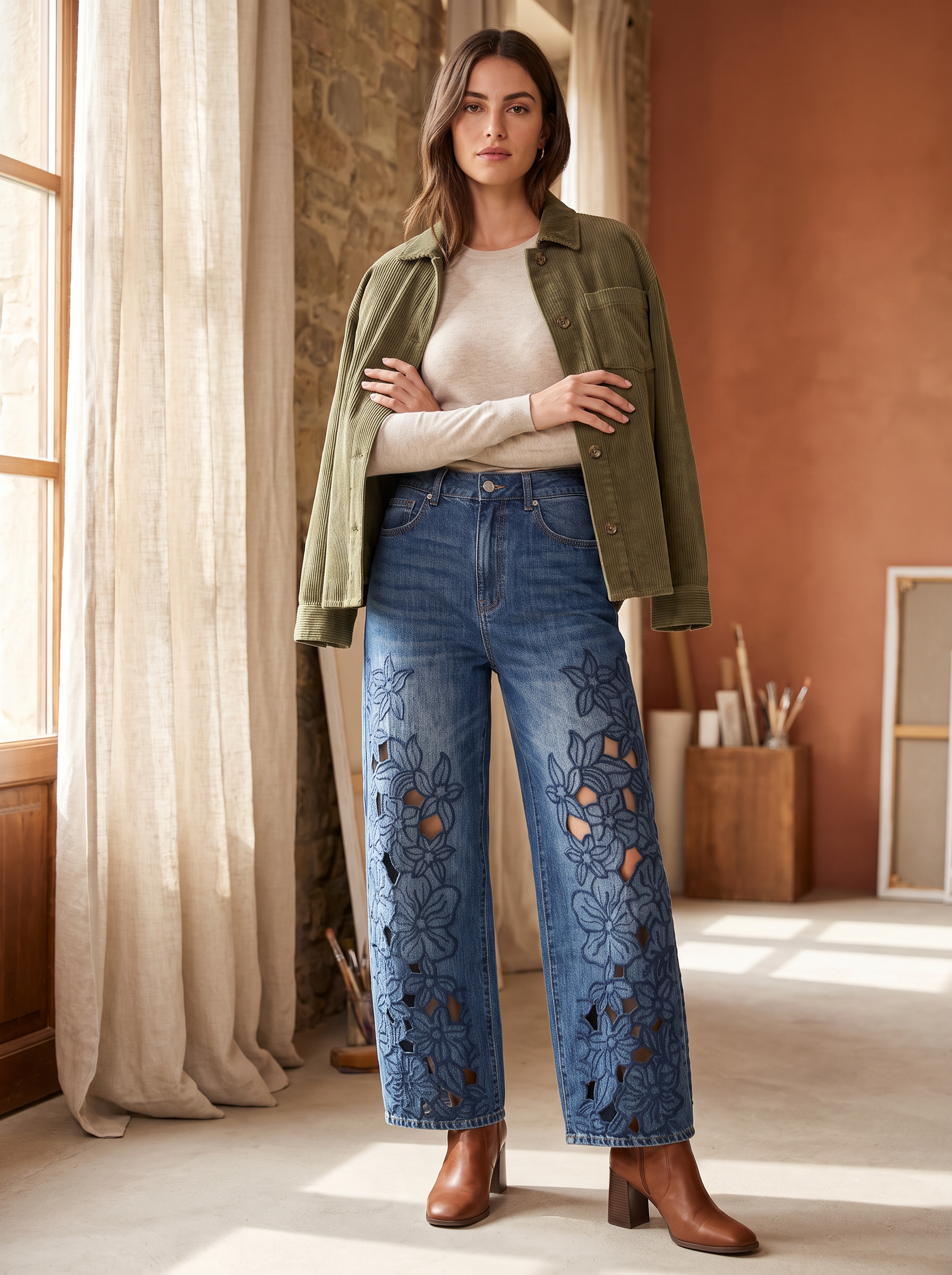 Wide‑Leg Jeans mit Stickerei