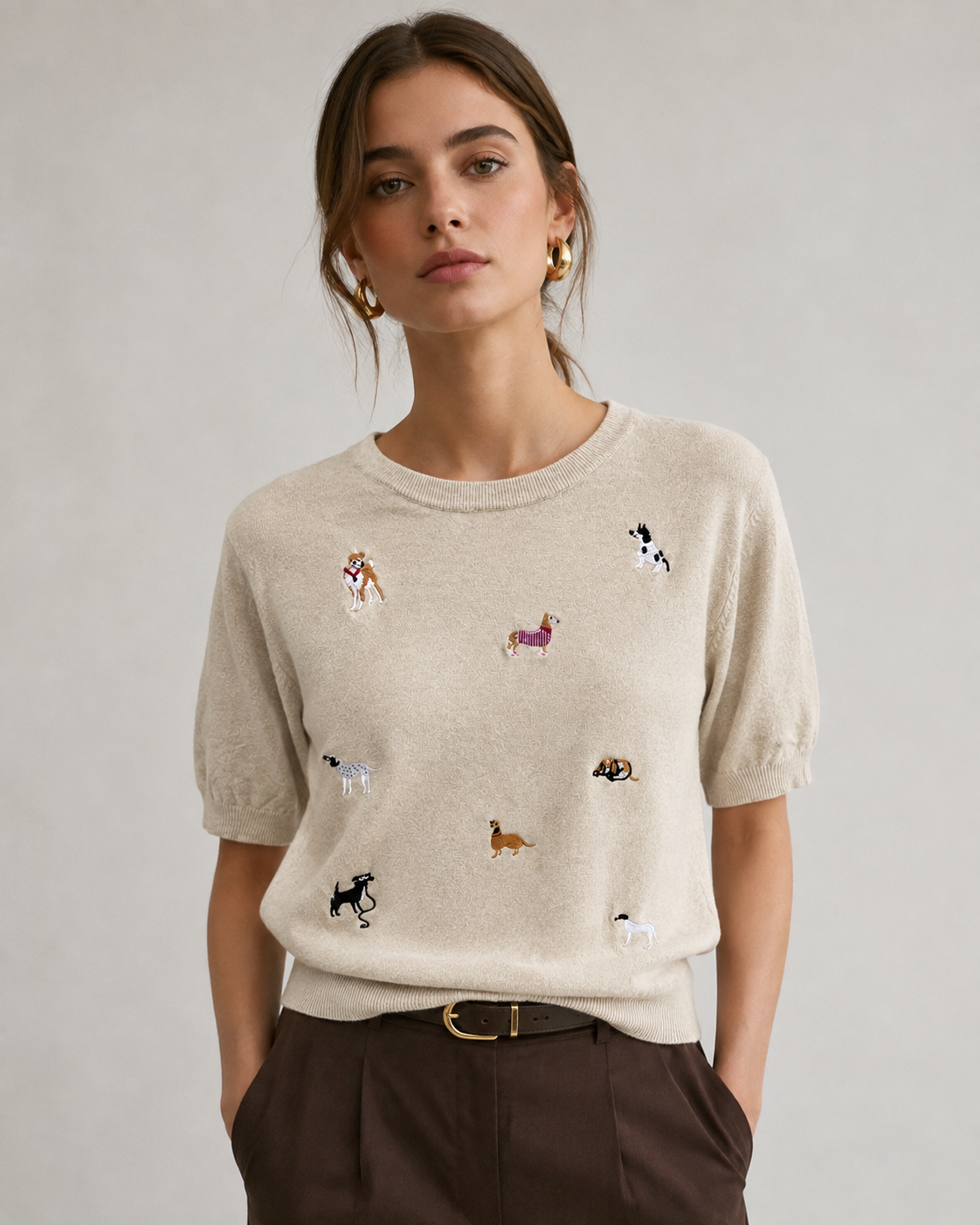 Strickpullover mit Stickerei und Puffärmel