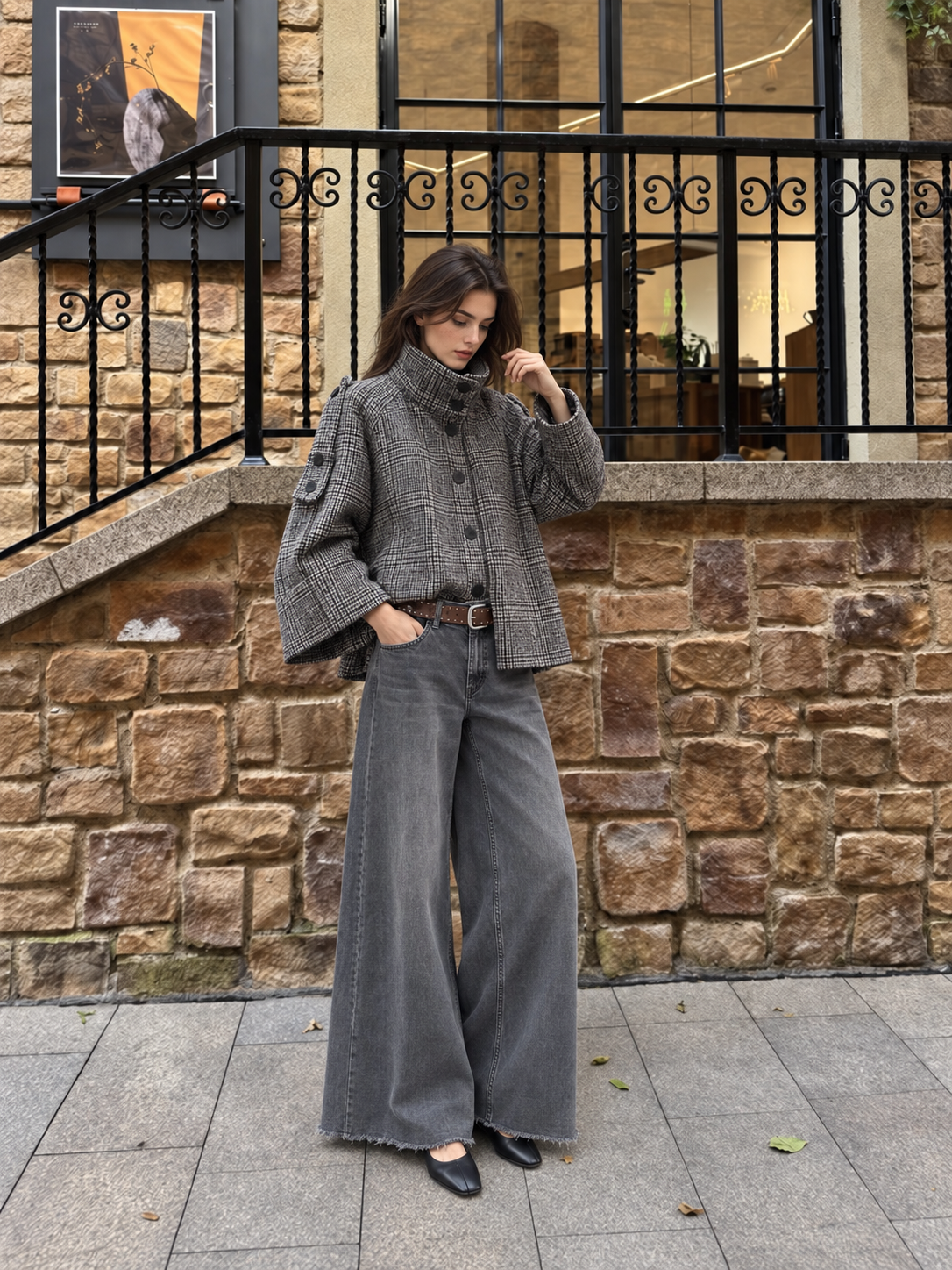 Oversize Karojacke mit hohem Stehkragen