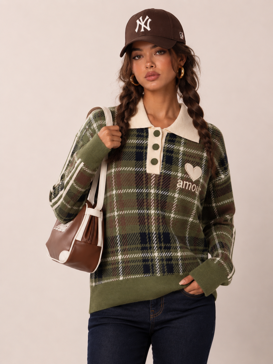Pullover mit Polokragen und großem Karo