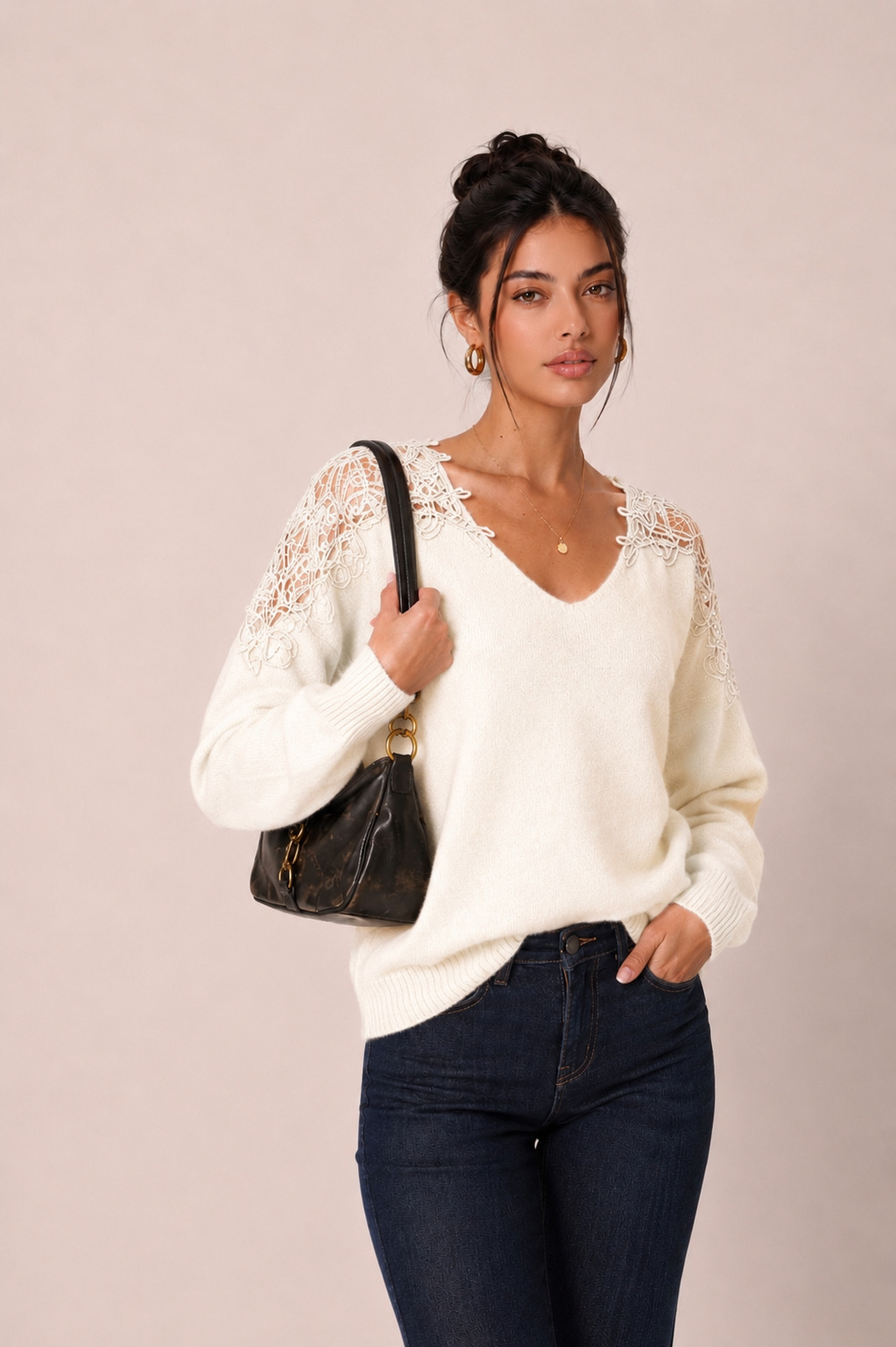 Lässiger V‑Ausschnitt Pullover mit Spitze