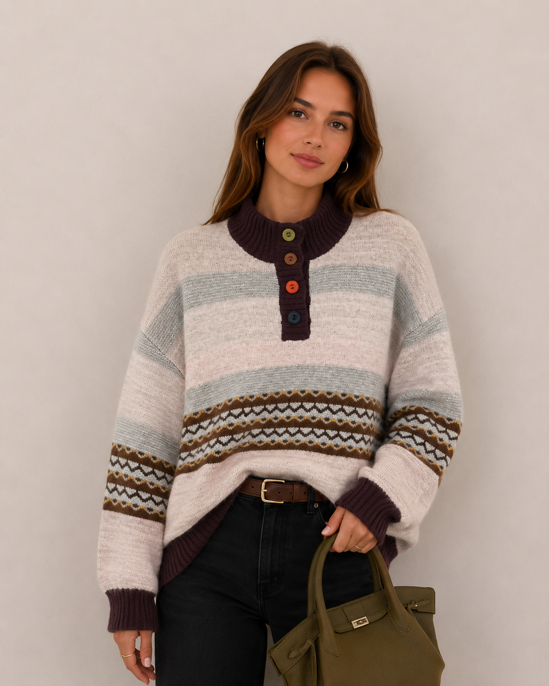 Lässiger gestreifter Pullover mit Halbrollkragen