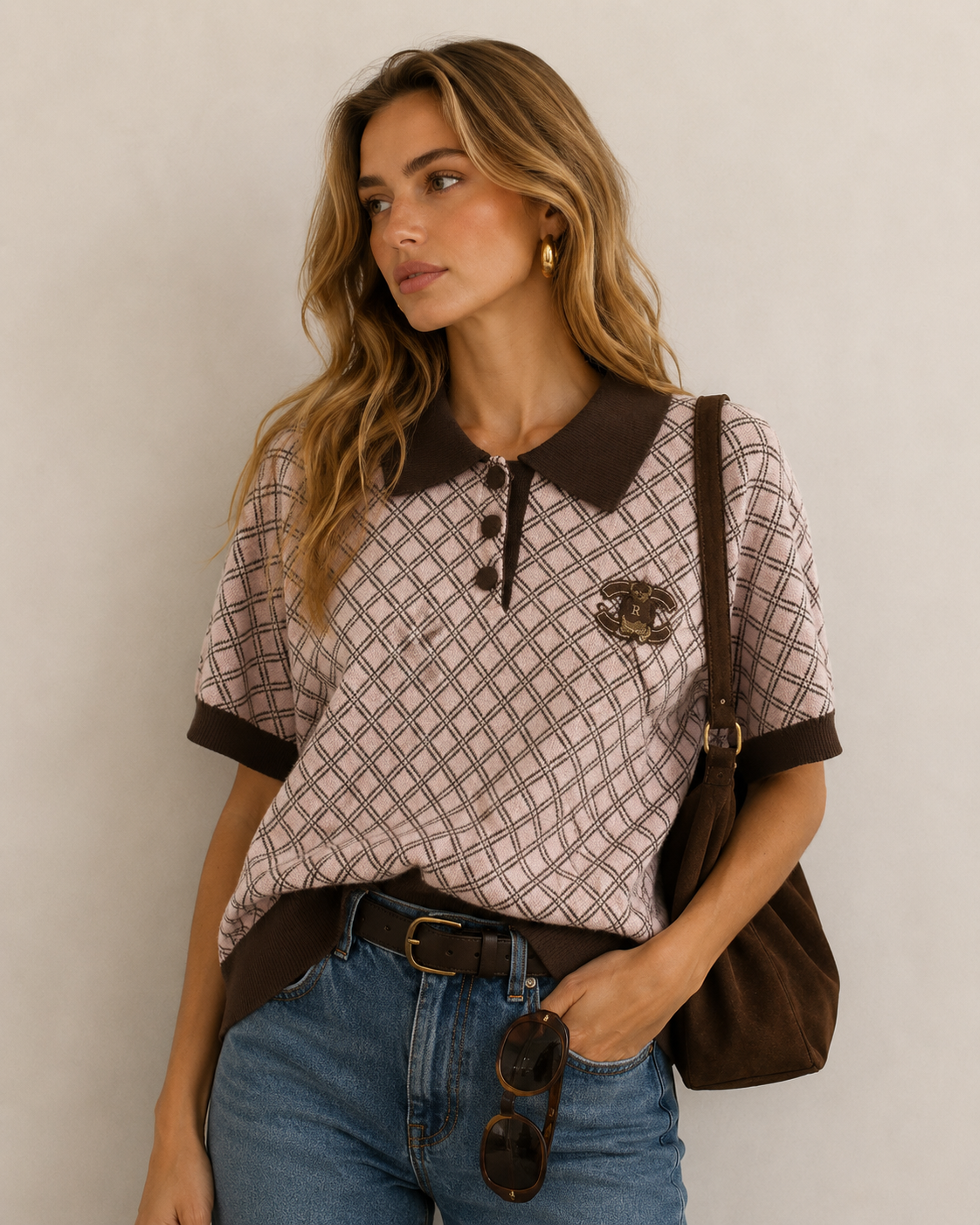 Kurzgeschnittener Polo-Pullover mit Rautenmuster