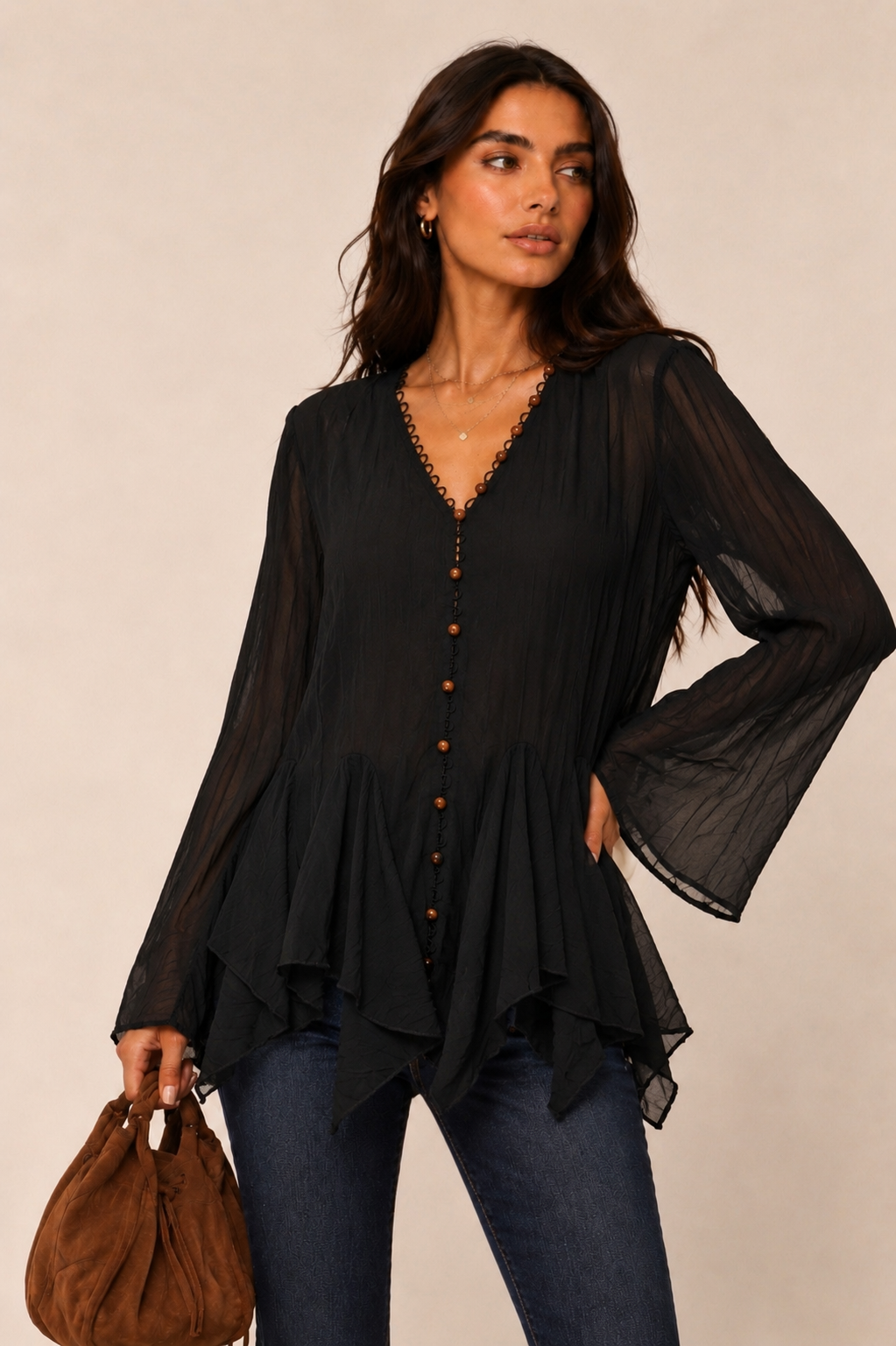 Lockere Lange Bluse mit V-Ausschnitt