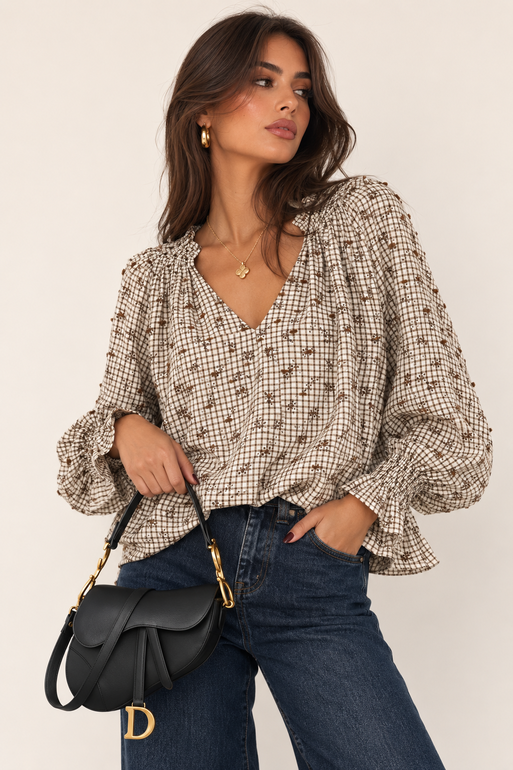 Lockere V-Ausschnitt-Bluse mit Karo