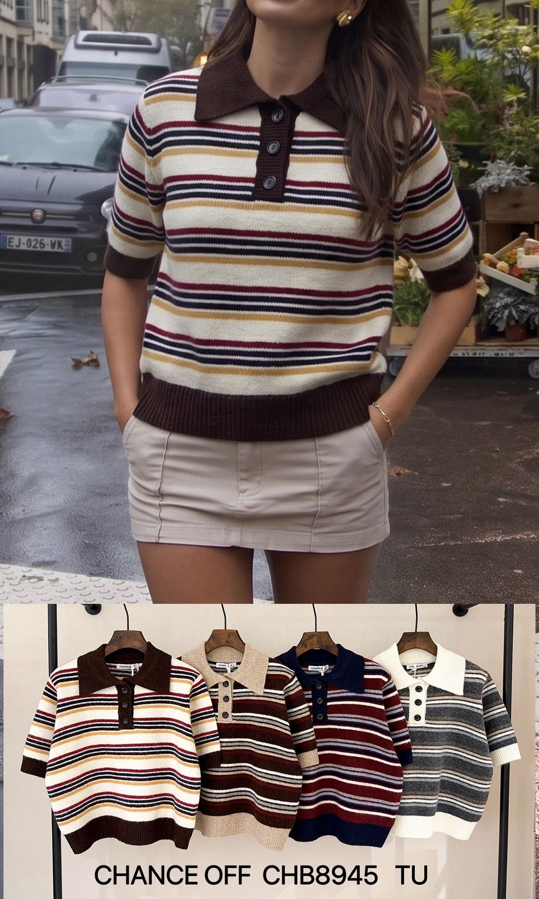 Gestrickter Polo‑Pullover mit Streifen