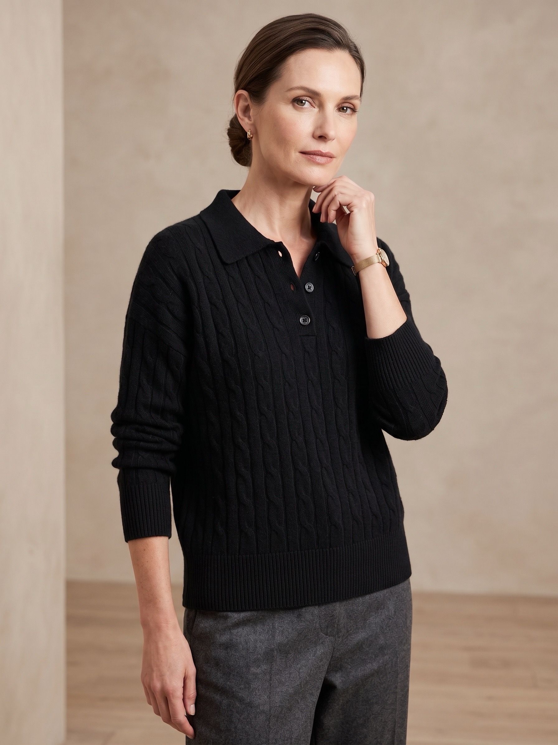 Polo-Pullover mit Zopfstrick