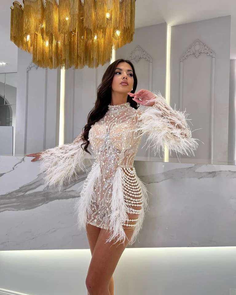 Minikleid mit Stehkragen und Federn