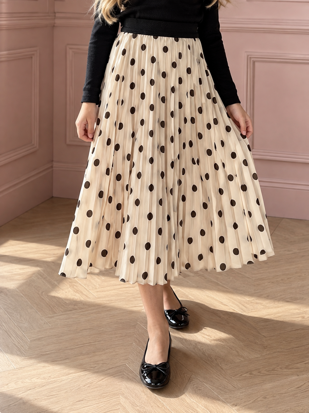 Plissierter Midi-Rock mit Polka-Dots