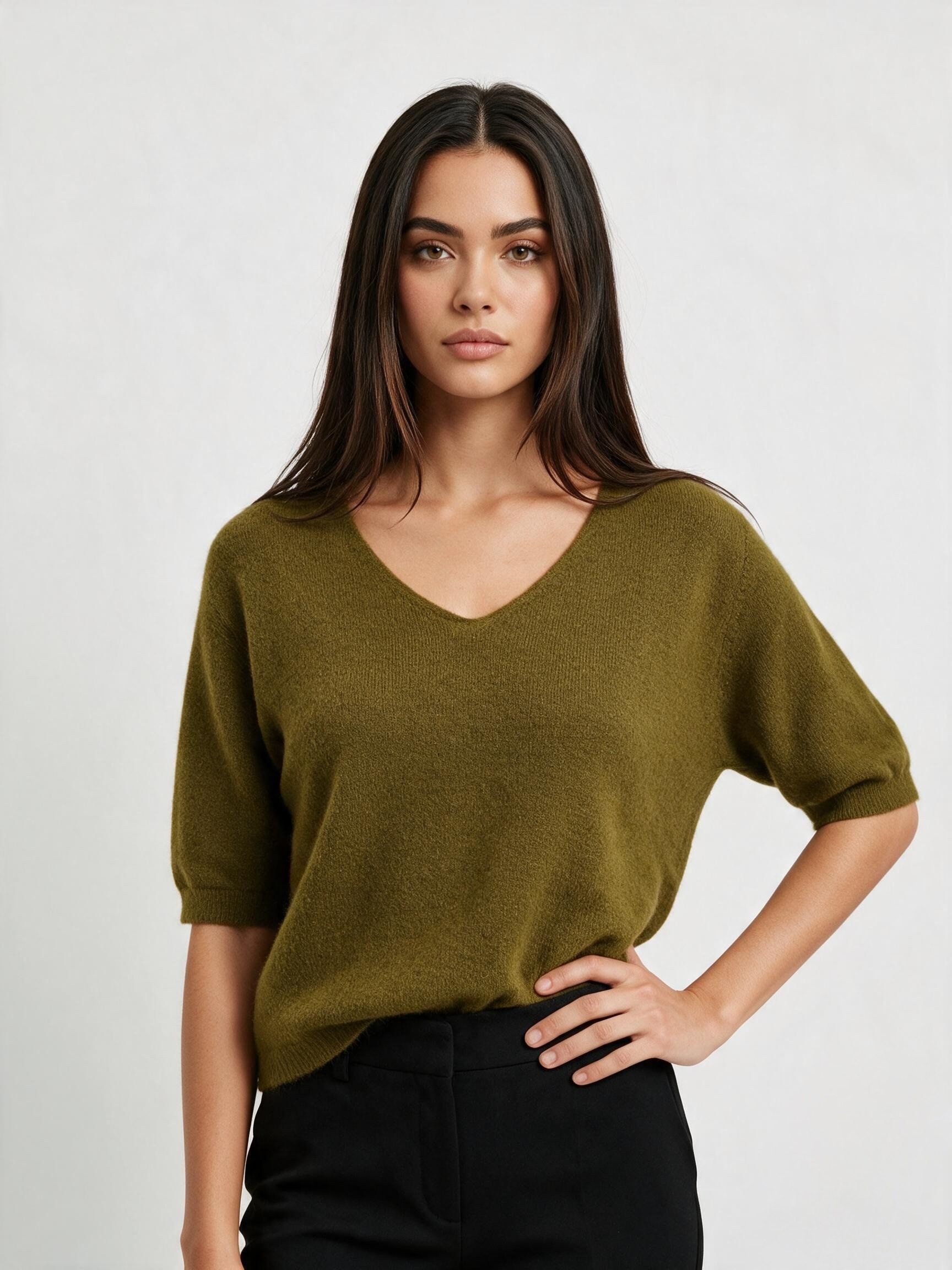 V-Ausschnitt-Pullover mit Puffärmeln
