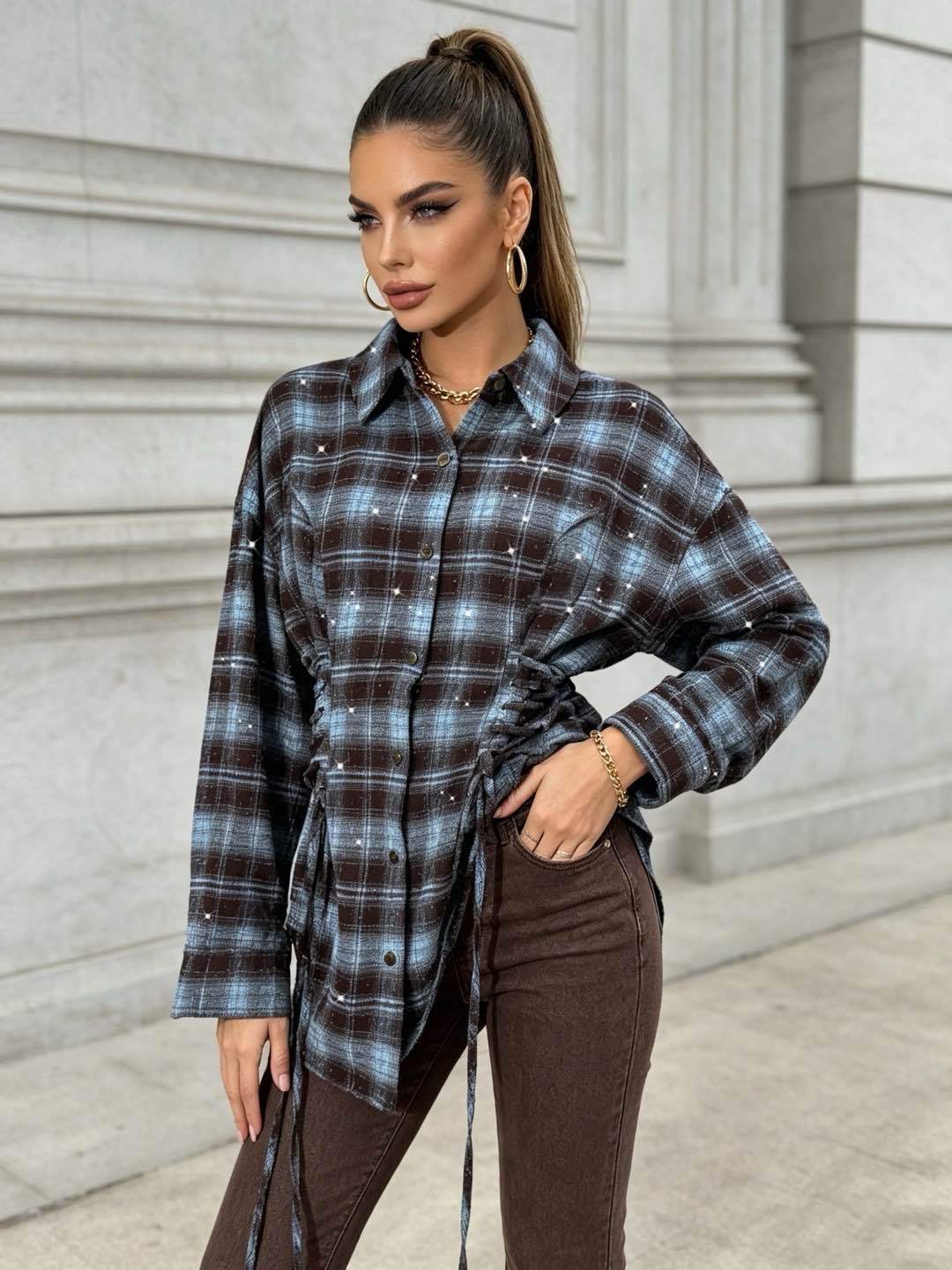 Lange lockere Karo-Hemdbluse