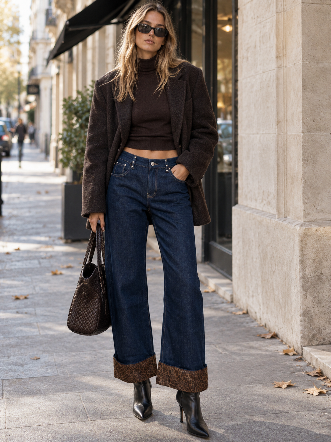 Weite Jeans mit Leopardenbesatz
