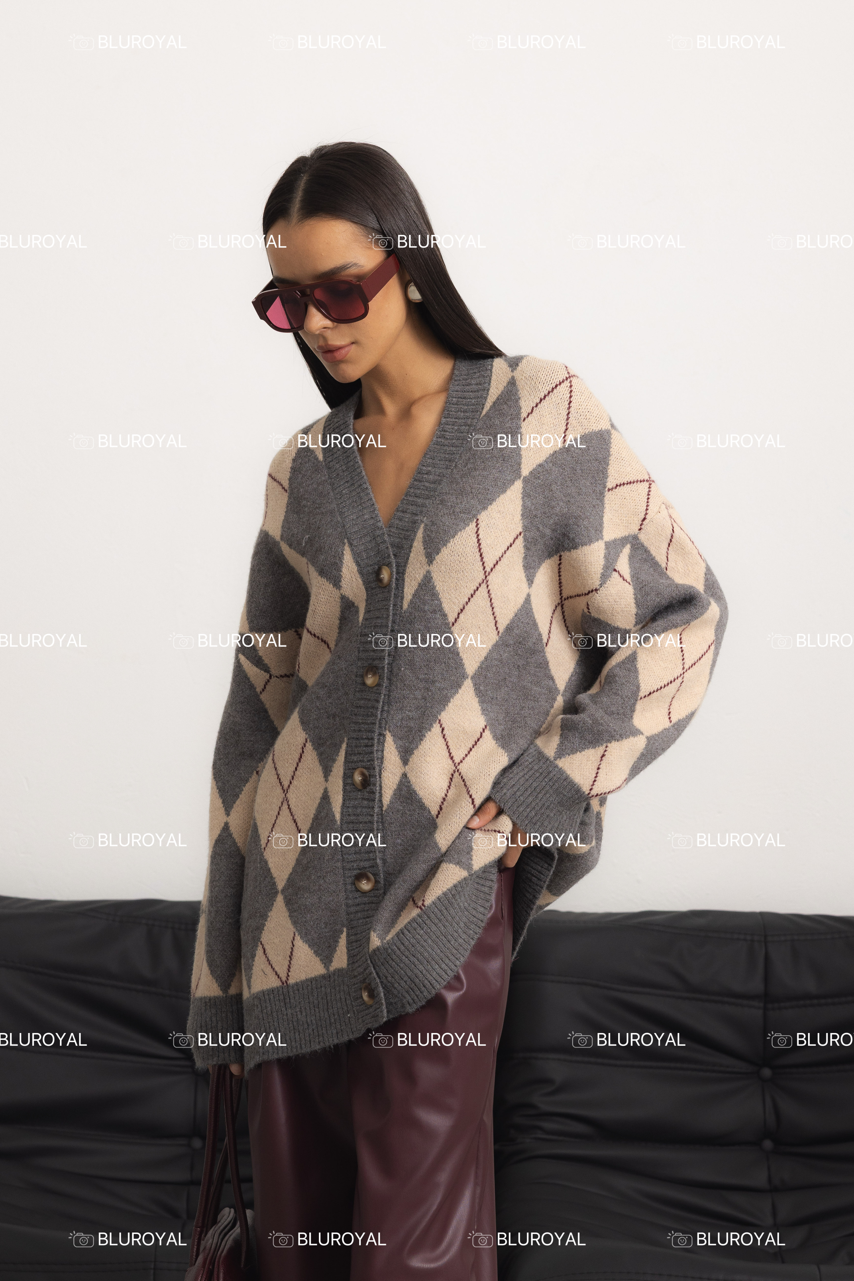 Oversize-Cardigan mit Rautenmuster