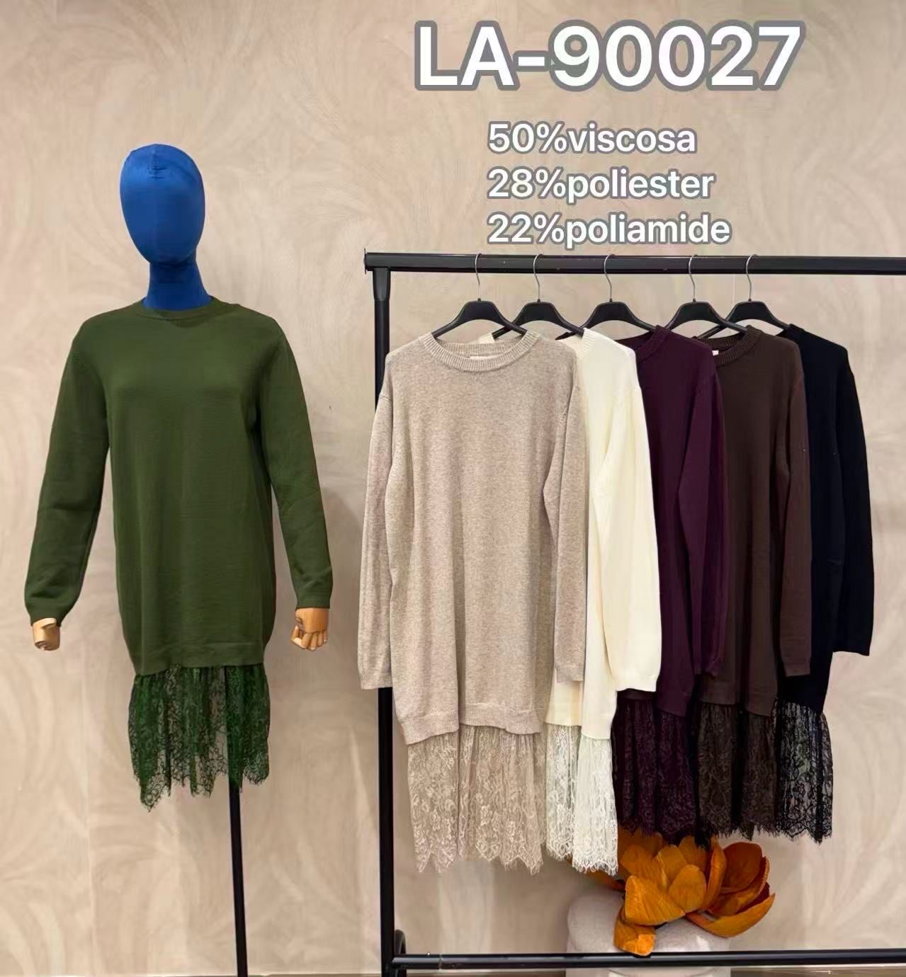 Strick-Midikleid mit Spitzenbesatz