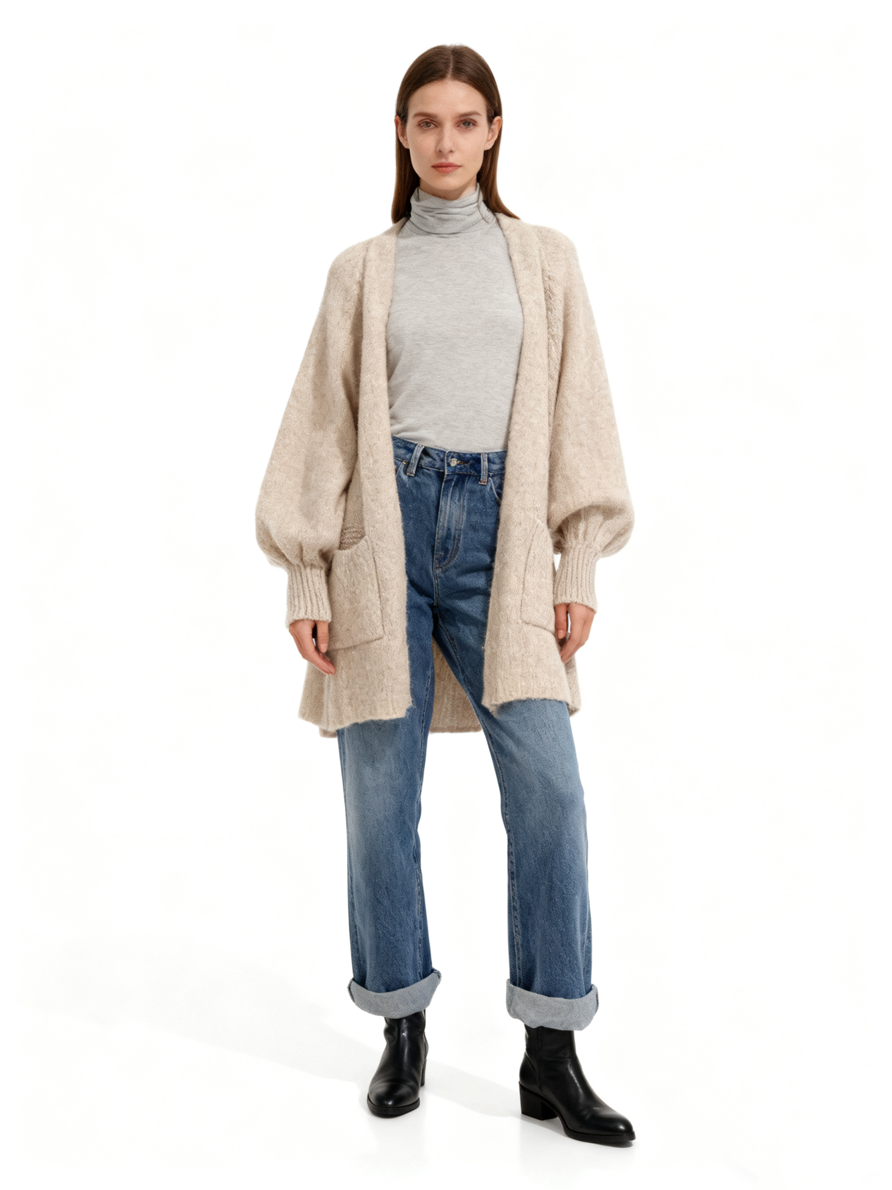 Langer lockerer Cardigan mit V‑Ausschnitt