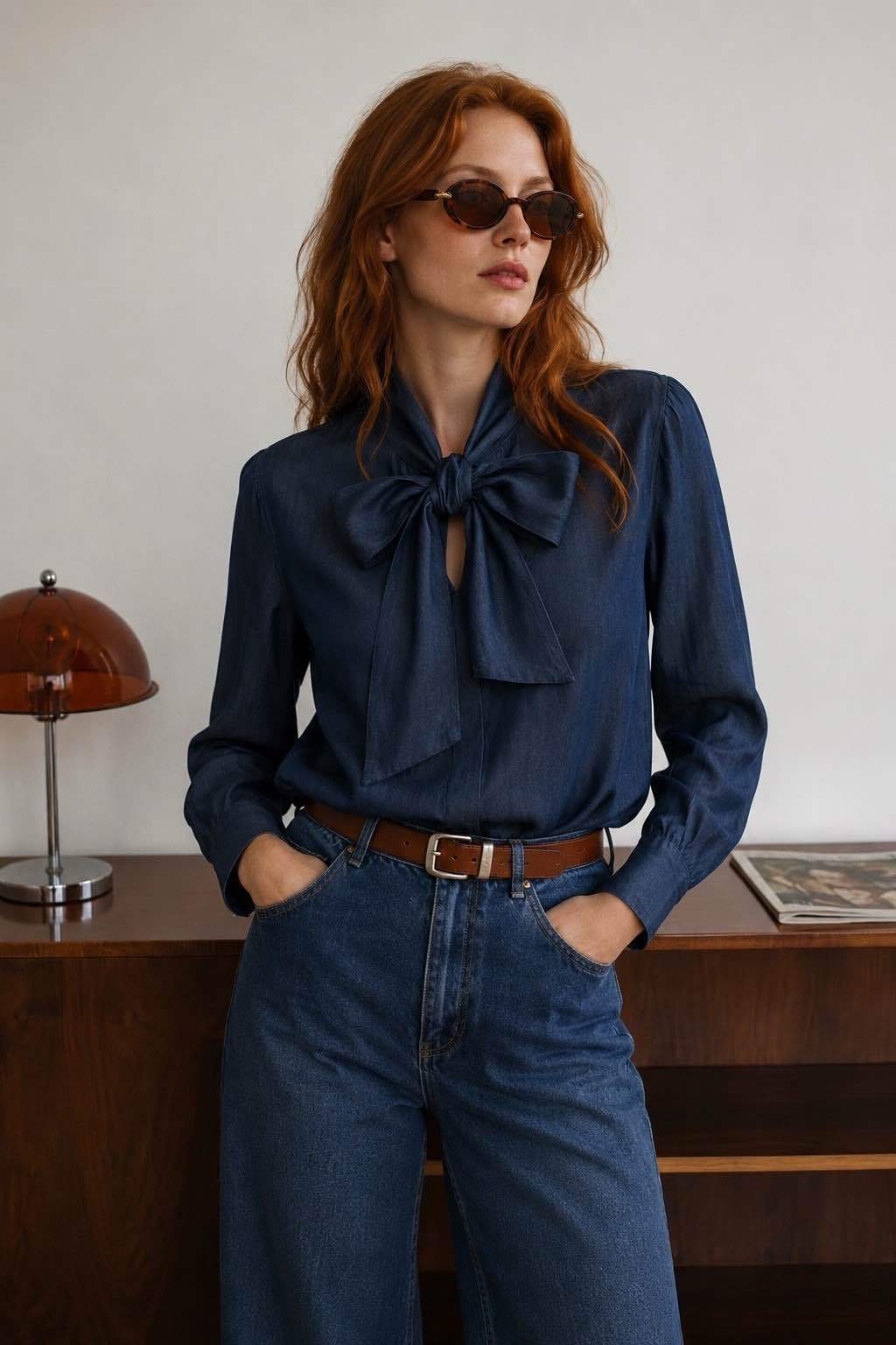 Bluse mit Stehkragen und Schleife