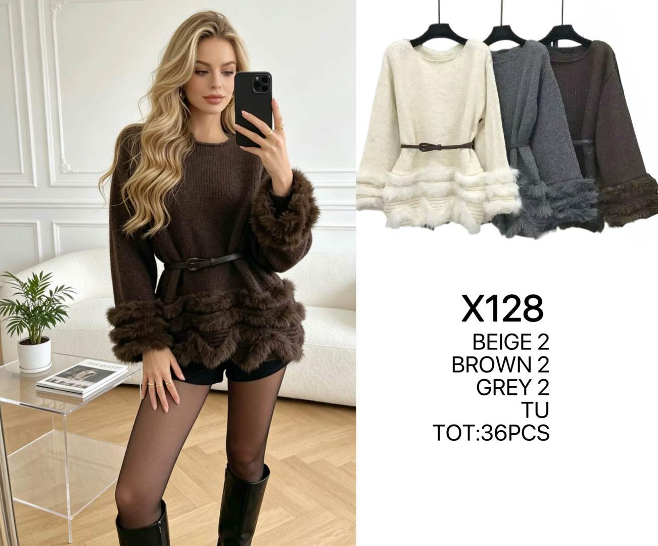 Langer Pullover mit Gürtel