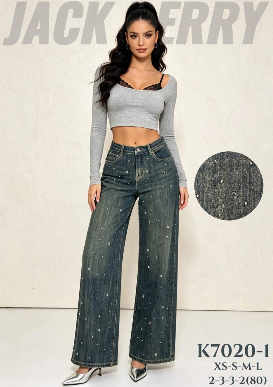 Jeans mit hohem Bund und weitem Bein mit Nieten