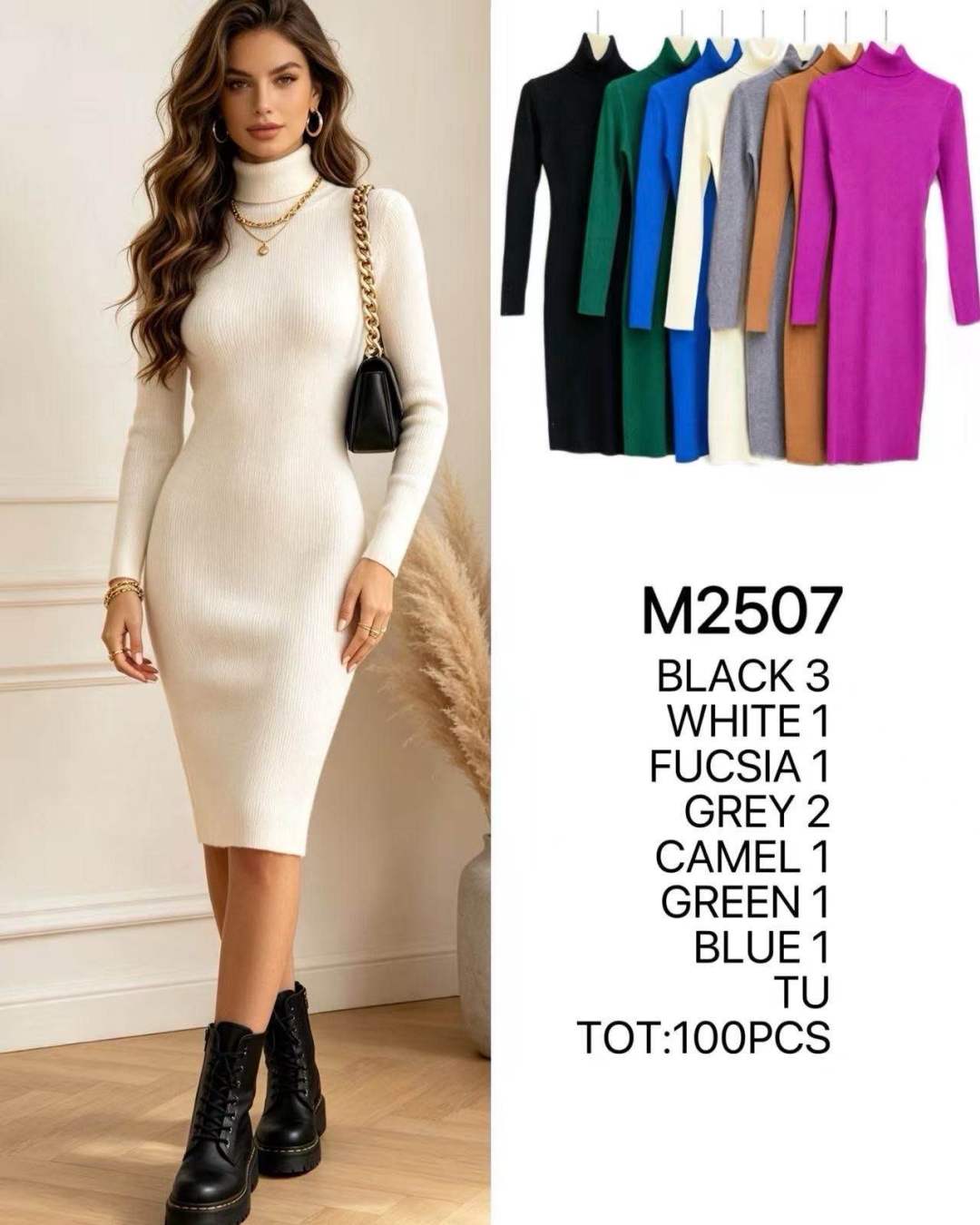 Geripptes Midi-Strickkleid mit Rollkragen
