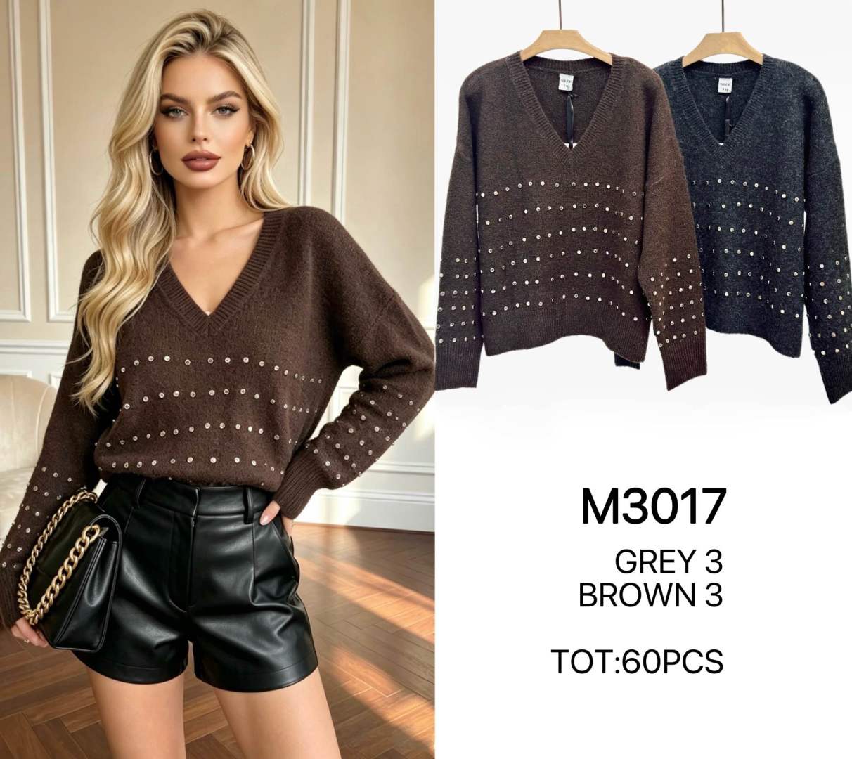 Lässiger V-Ausschnitt Pullover mit Nieten