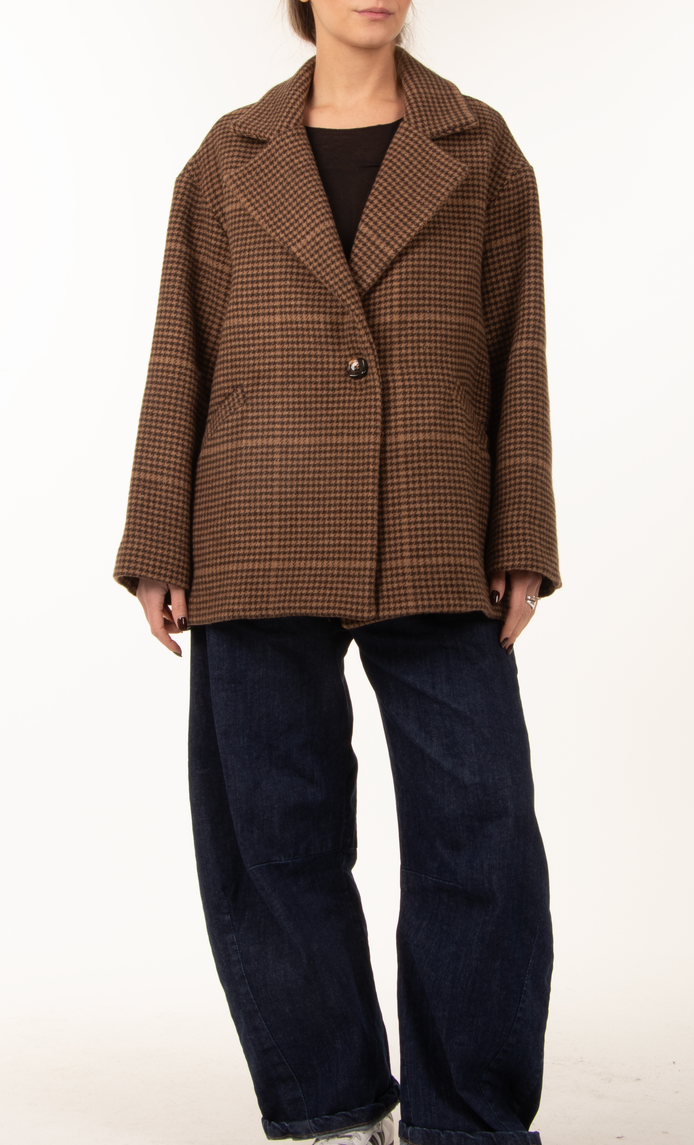Oversize-Midimantel mit Hahnentritt