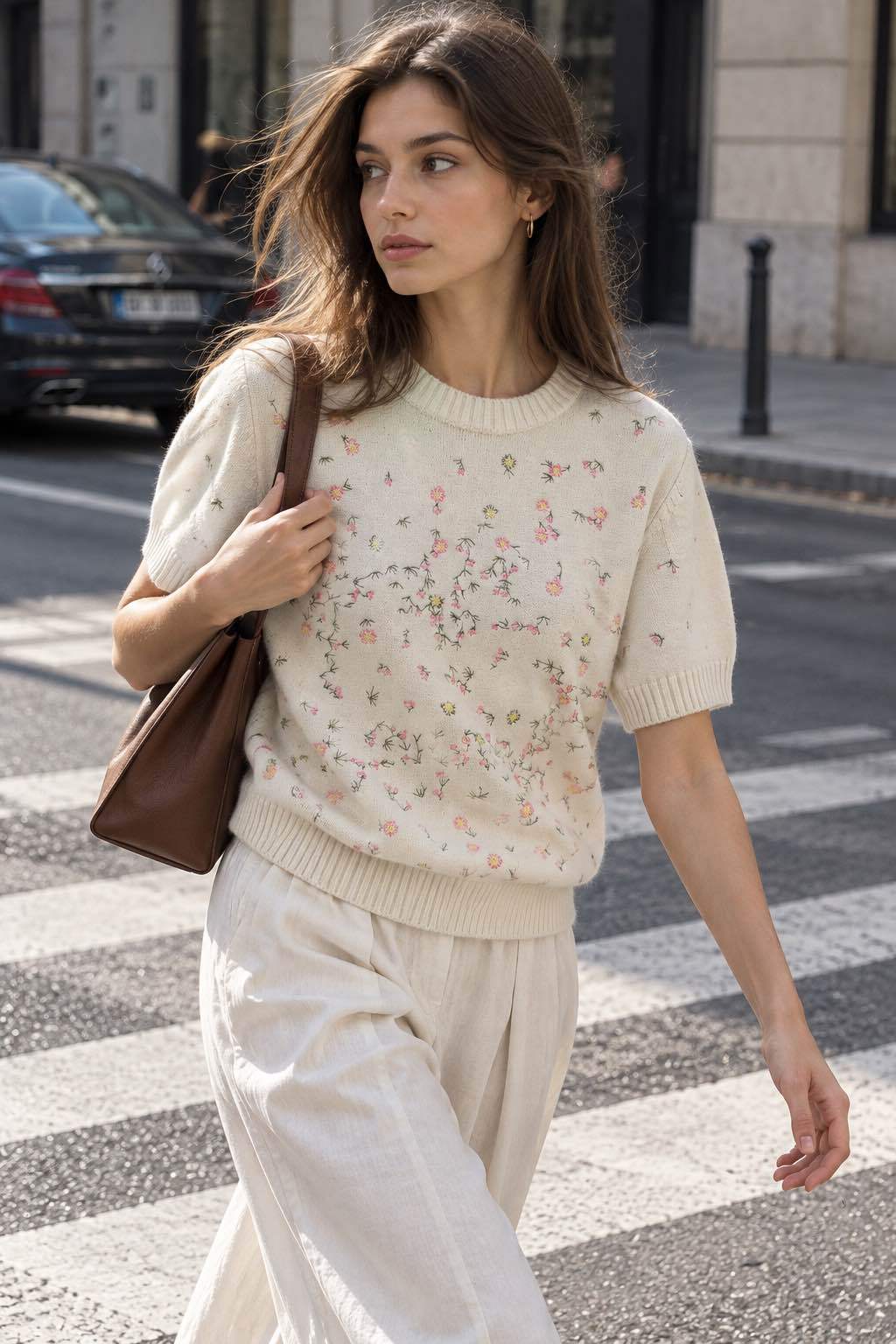 Kurzer Pullover mit Blumenmuster