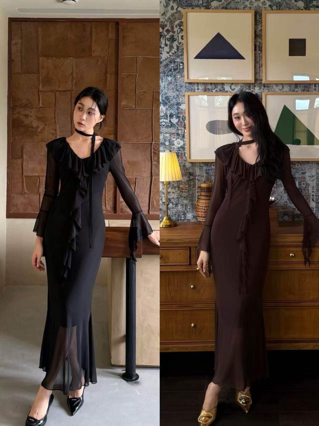 Figurbetontes Maxikleid mit Rüsche