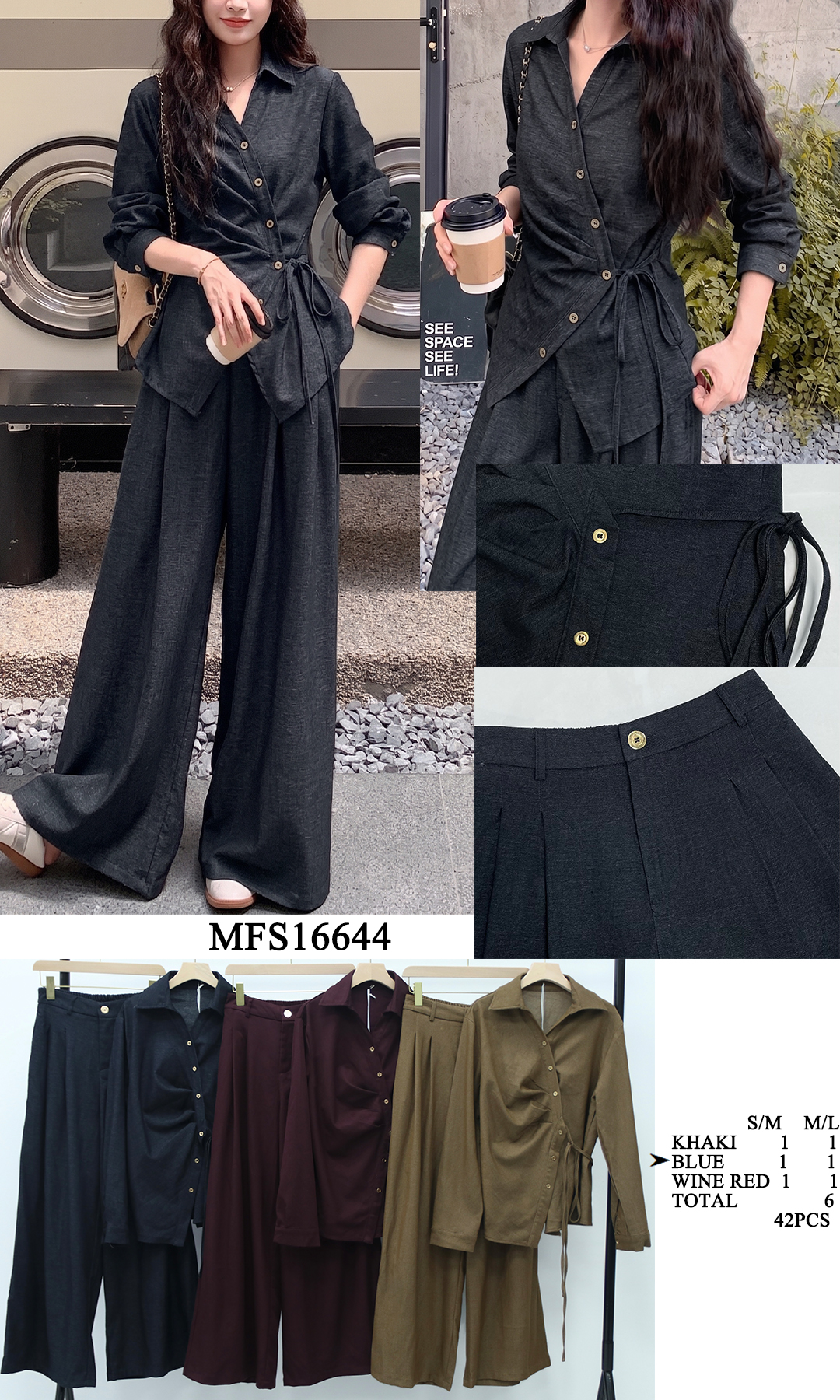 Komplett mit weitem Palazzo-Hose und Hemd