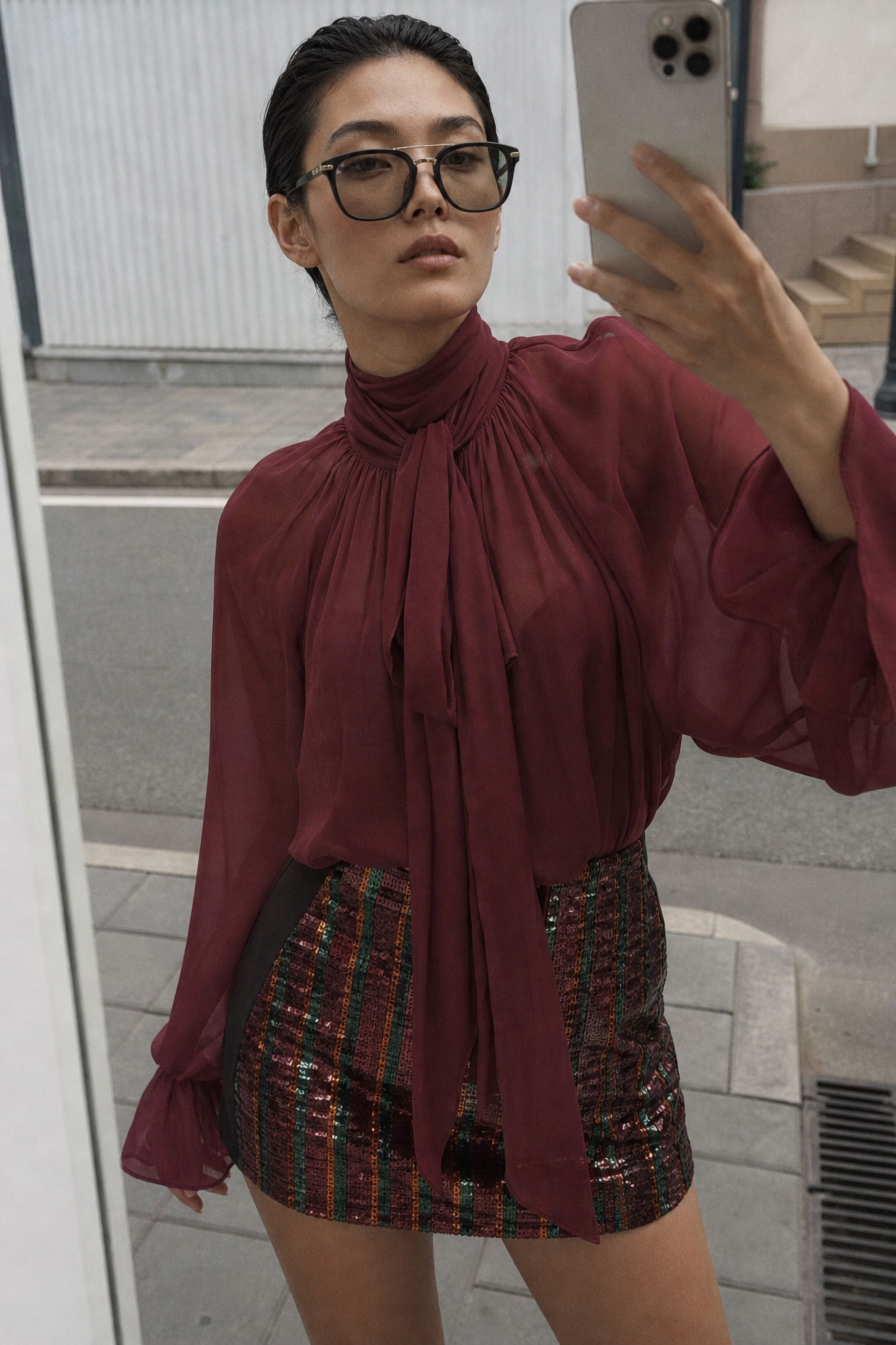 Bluse mit Stehkragen und Schleife